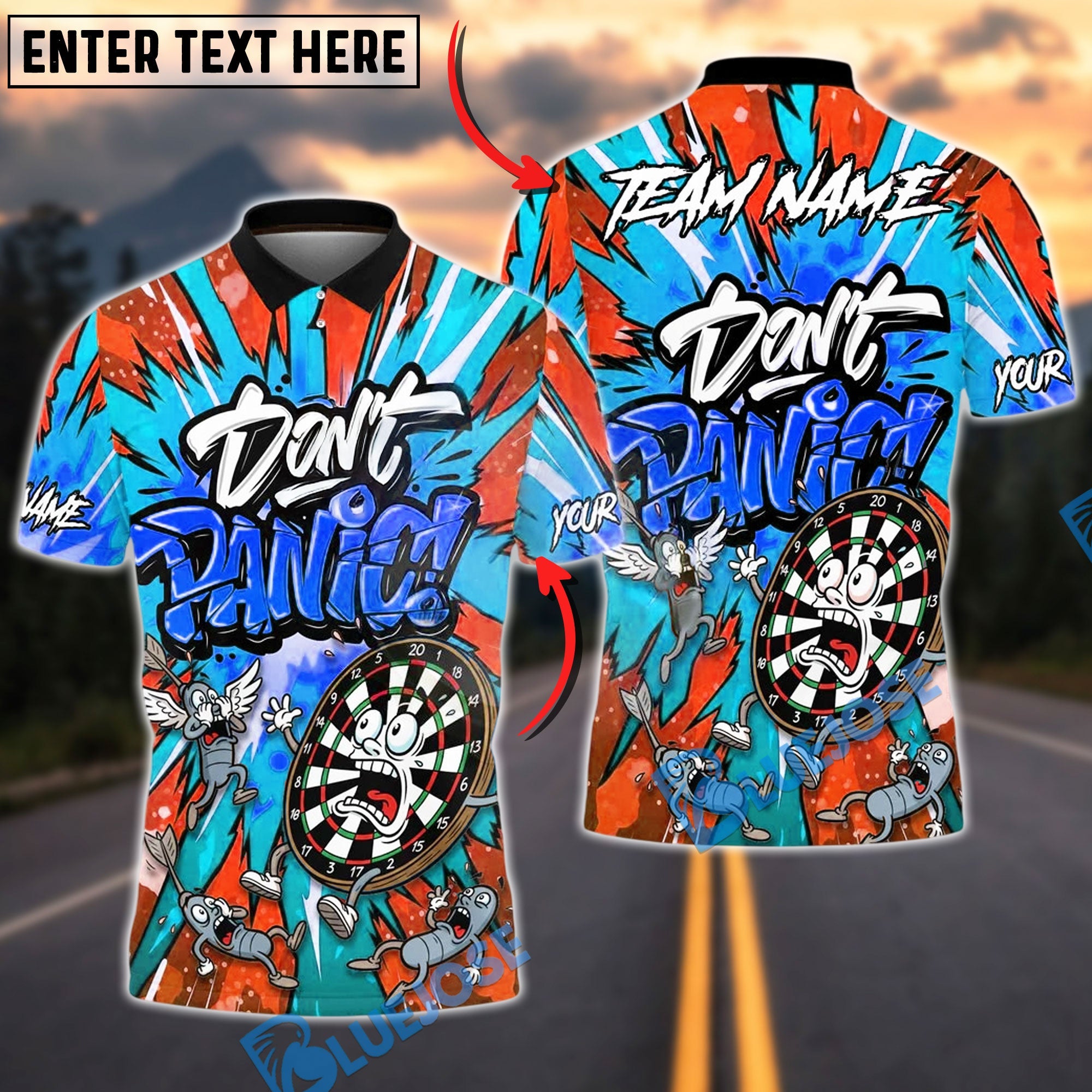 BlueJose Darts Don‚Äôt Panic Graffiti Art Funny Dartboard Customized Name, Team Name 3D Shirt (4 Colors)