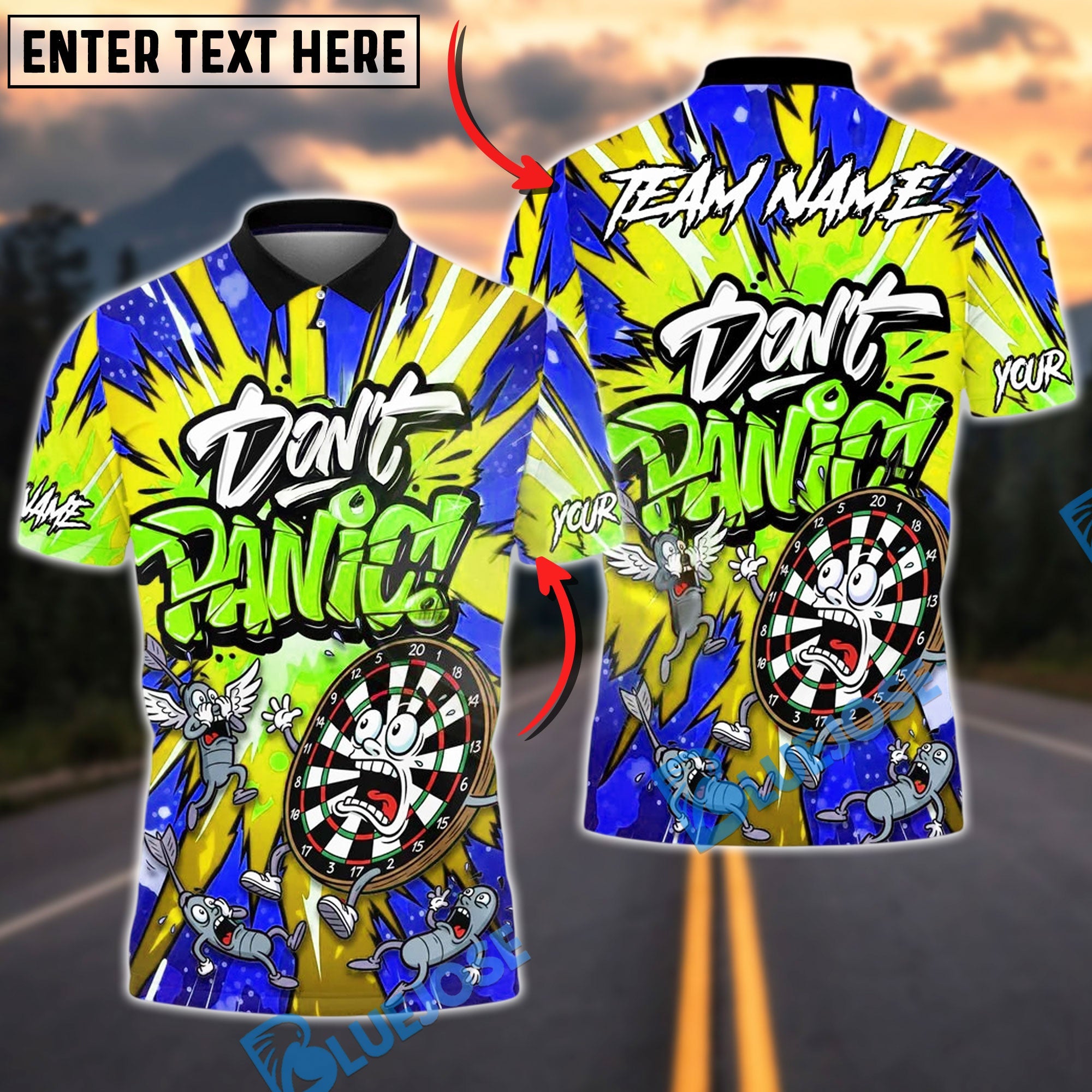 BlueJose Darts Don‚Äôt Panic Graffiti Art Funny Dartboard Customized Name, Team Name 3D Shirt (4 Colors)