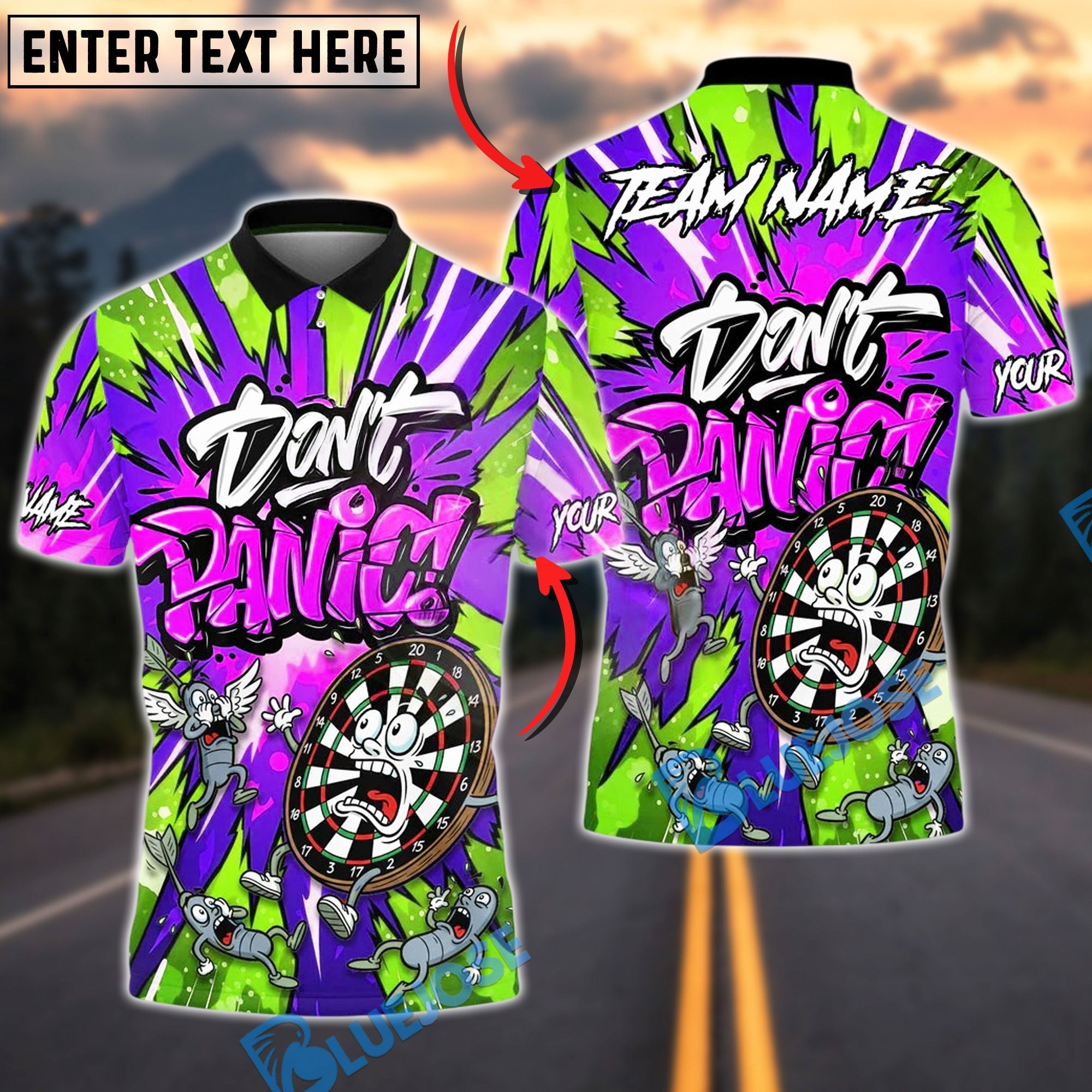 BlueJose Darts Don‚Äôt Panic Graffiti Art Funny Dartboard Customized Name, Team Name 3D Shirt (4 Colors)