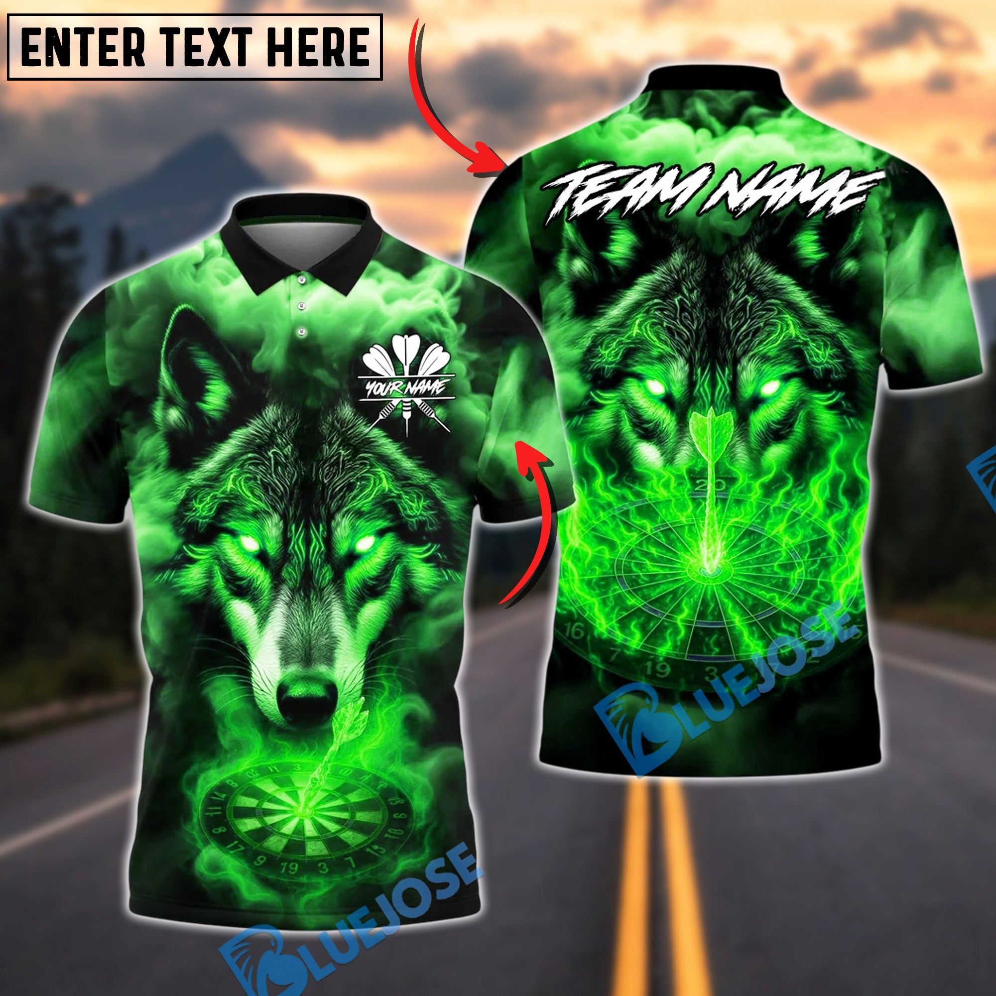 BlueJose Darts Glowing Eyes Wolf Fire Dartboard Customized Name, Team Name 3D Shirt (4 Colors)