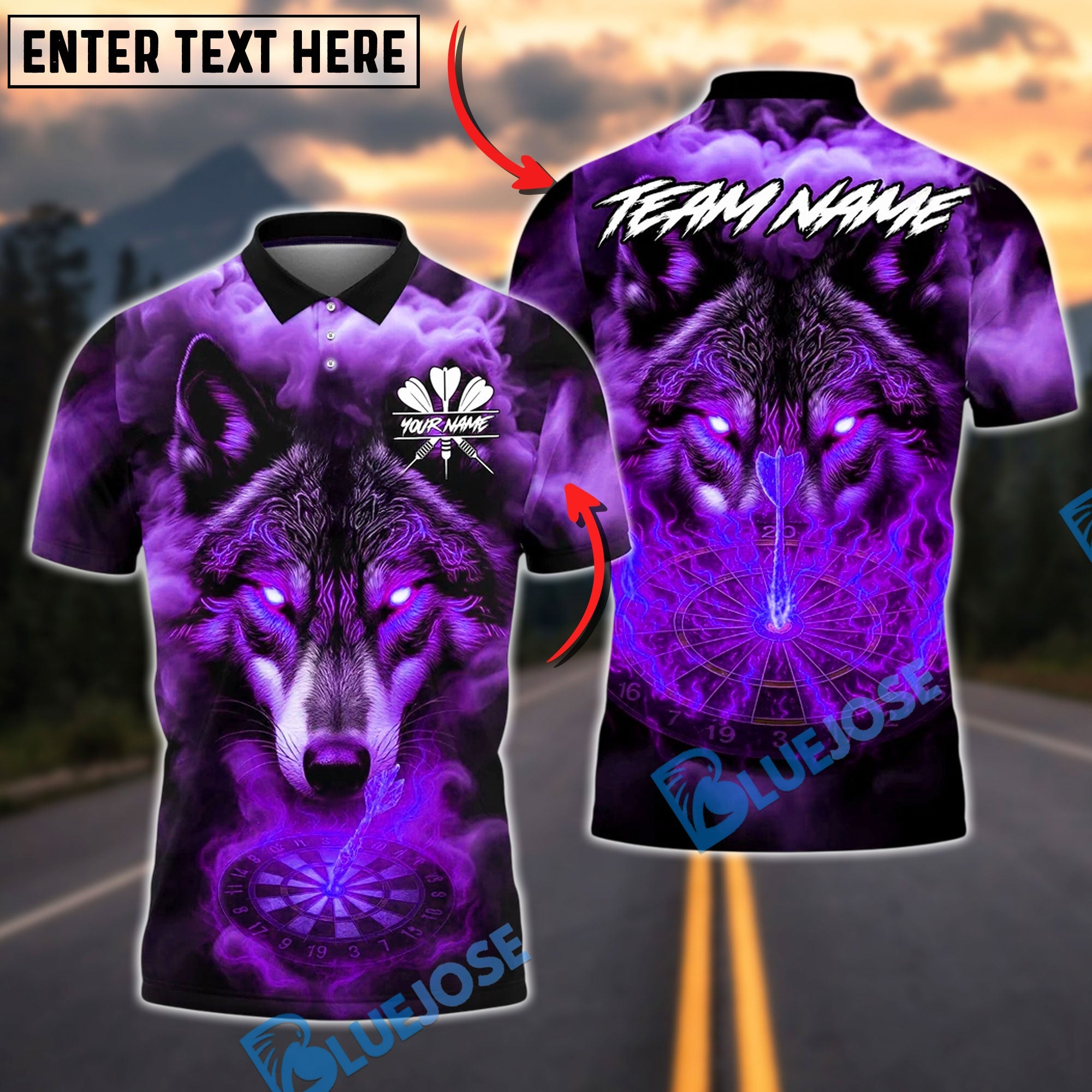 BlueJose Darts Glowing Eyes Wolf Fire Dartboard Customized Name, Team Name 3D Shirt (4 Colors)