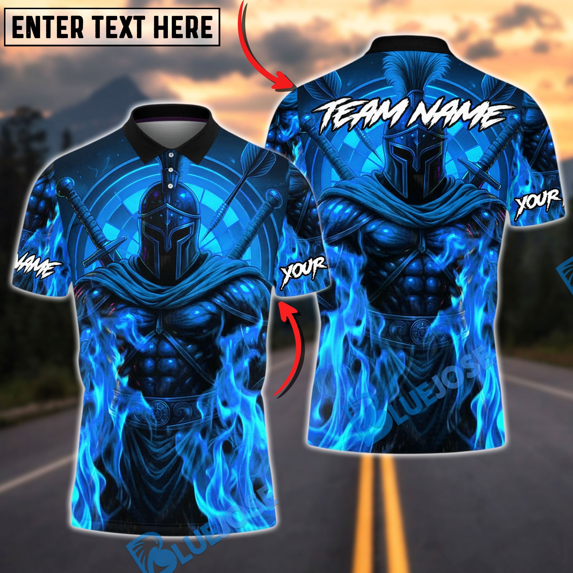 BlueJose Darts Fiery Spartan Warriorr Design Personalized Name, Team Name Unisex Shirt (4 Colors)