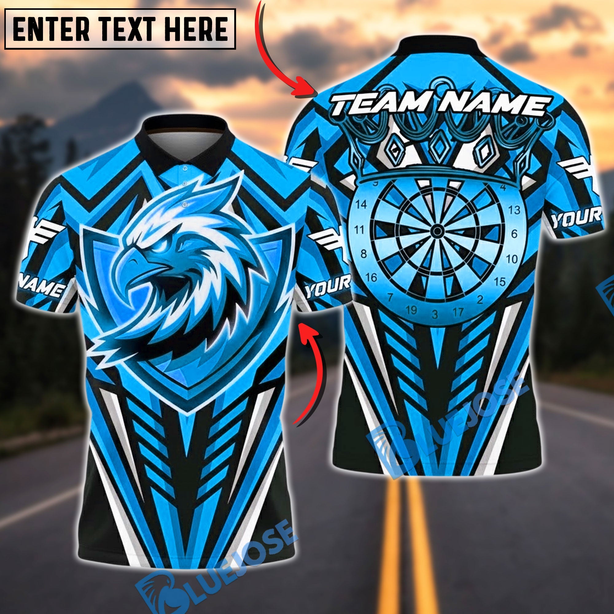 BlueJose Darts Bald Eagle Fierce Bullseye Personalized Name, Team Name Unisex Shirt (6 Colors)