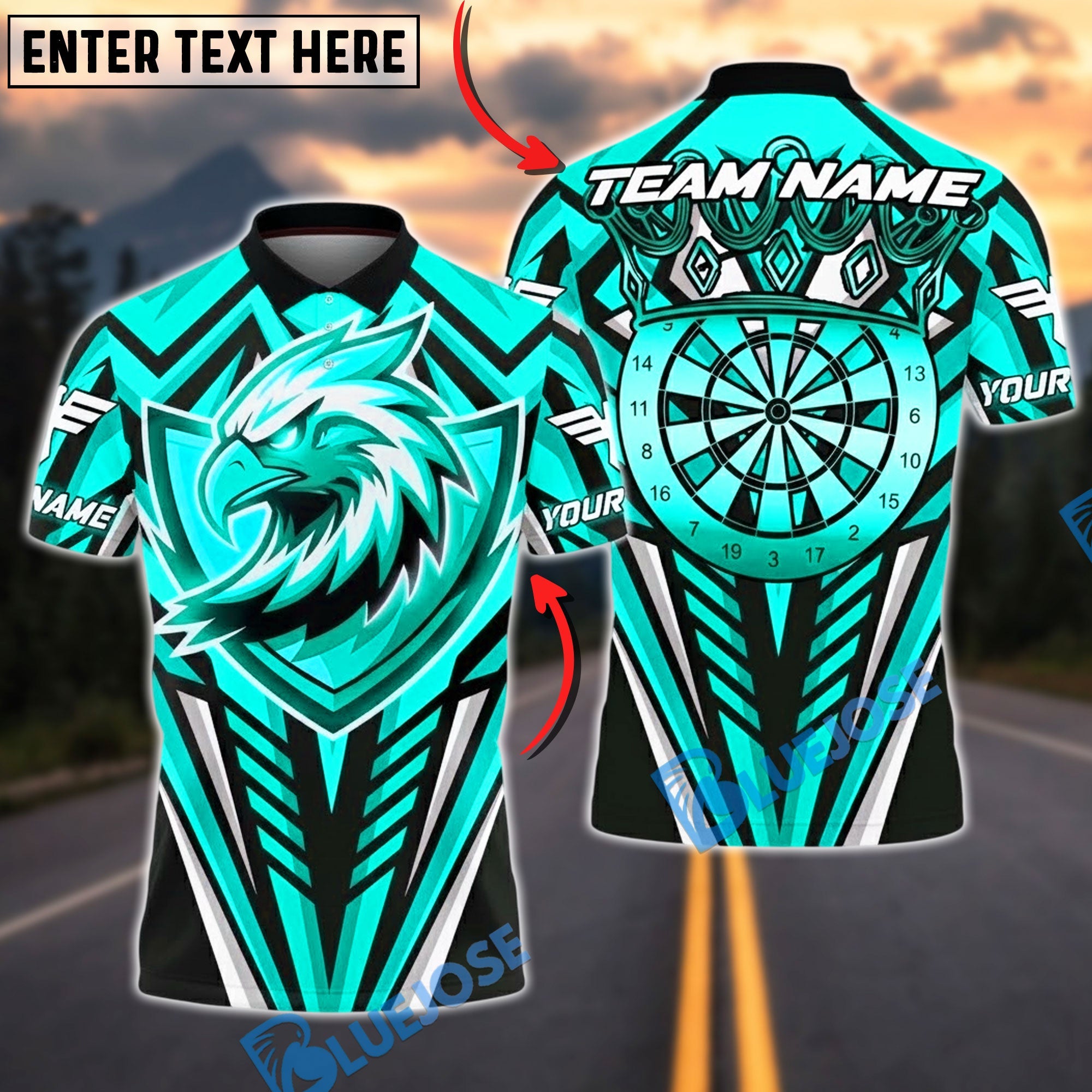 BlueJose Darts Bald Eagle Fierce Bullseye Personalized Name, Team Name Unisex Shirt (6 Colors)