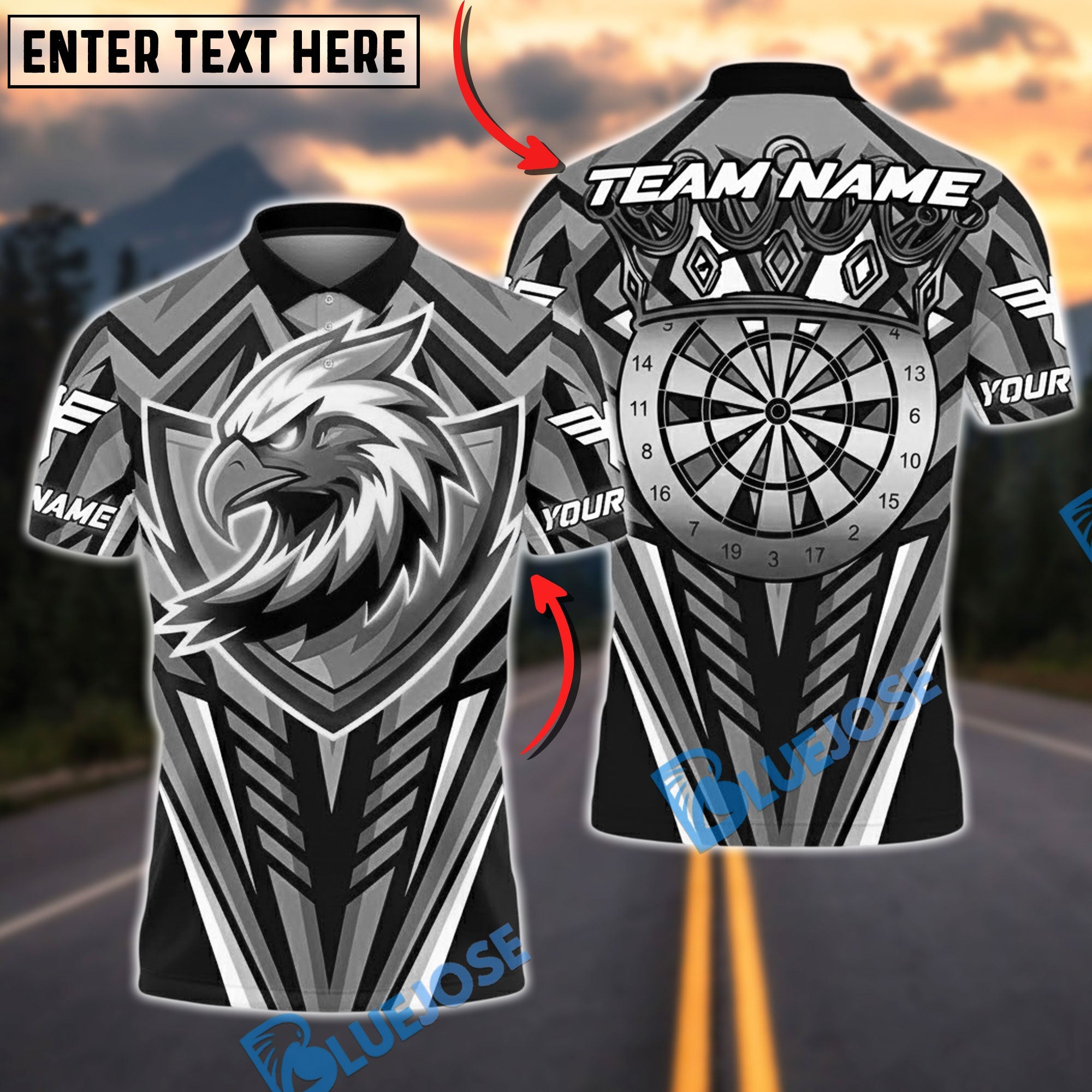 BlueJose Darts Bald Eagle Fierce Bullseye Personalized Name, Team Name Unisex Shirt (6 Colors)