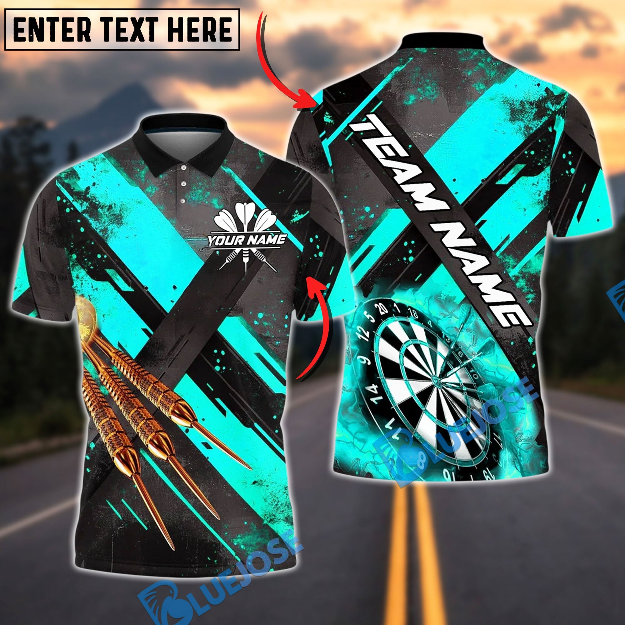 BlueJose Darts Modern Strike Pattern Lightning Board Customized Name, Team Name 3D Shirt (4 Colors)
