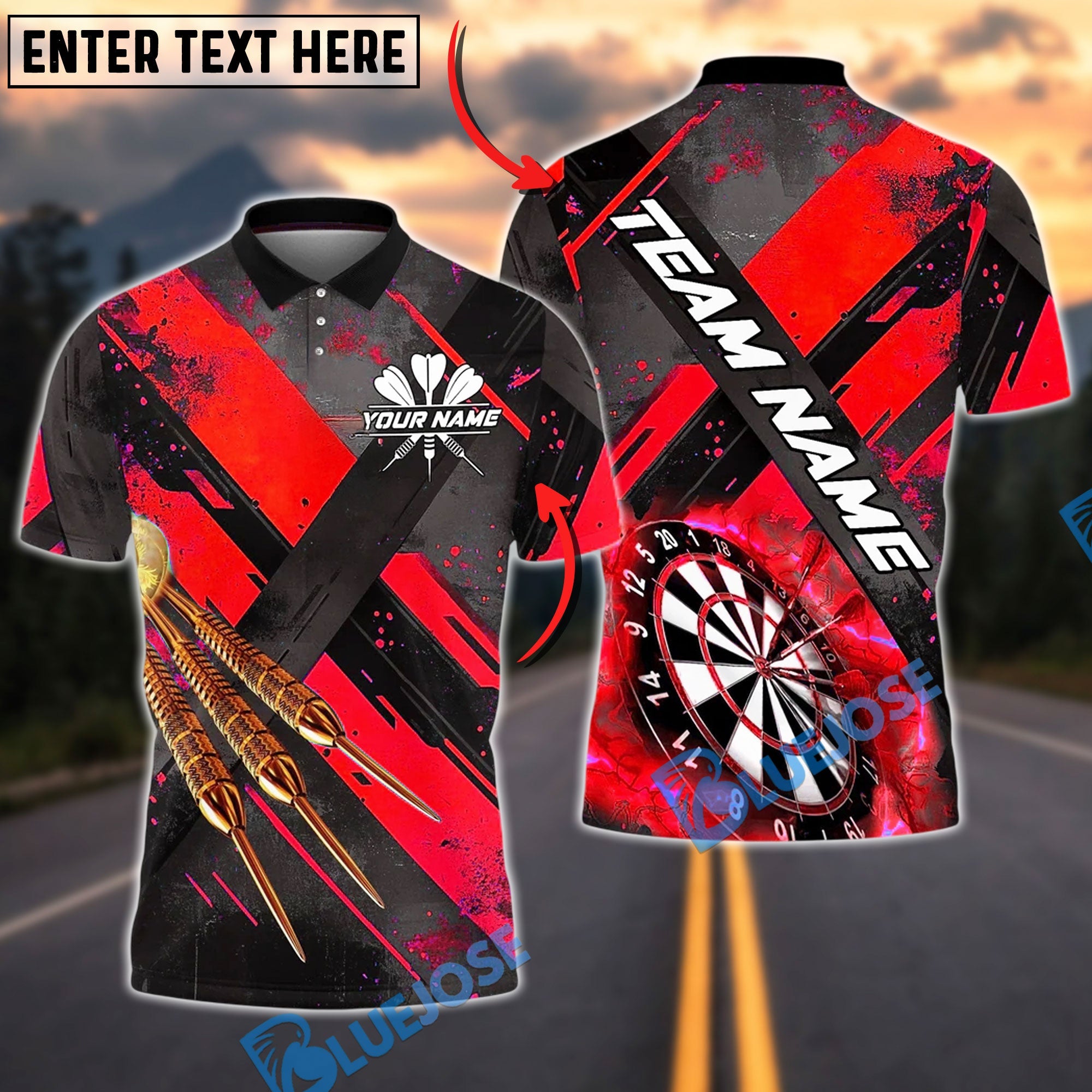 BlueJose Darts Modern Strike Pattern Lightning Board Customized Name, Team Name 3D Shirt (4 Colors)