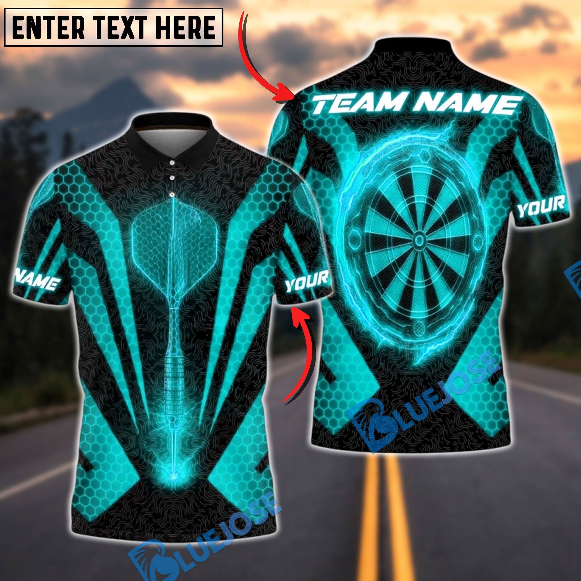 BlueJose Darts Neon Energy Personalized Name, Team Name Unisex Shirt (4 Colors)
