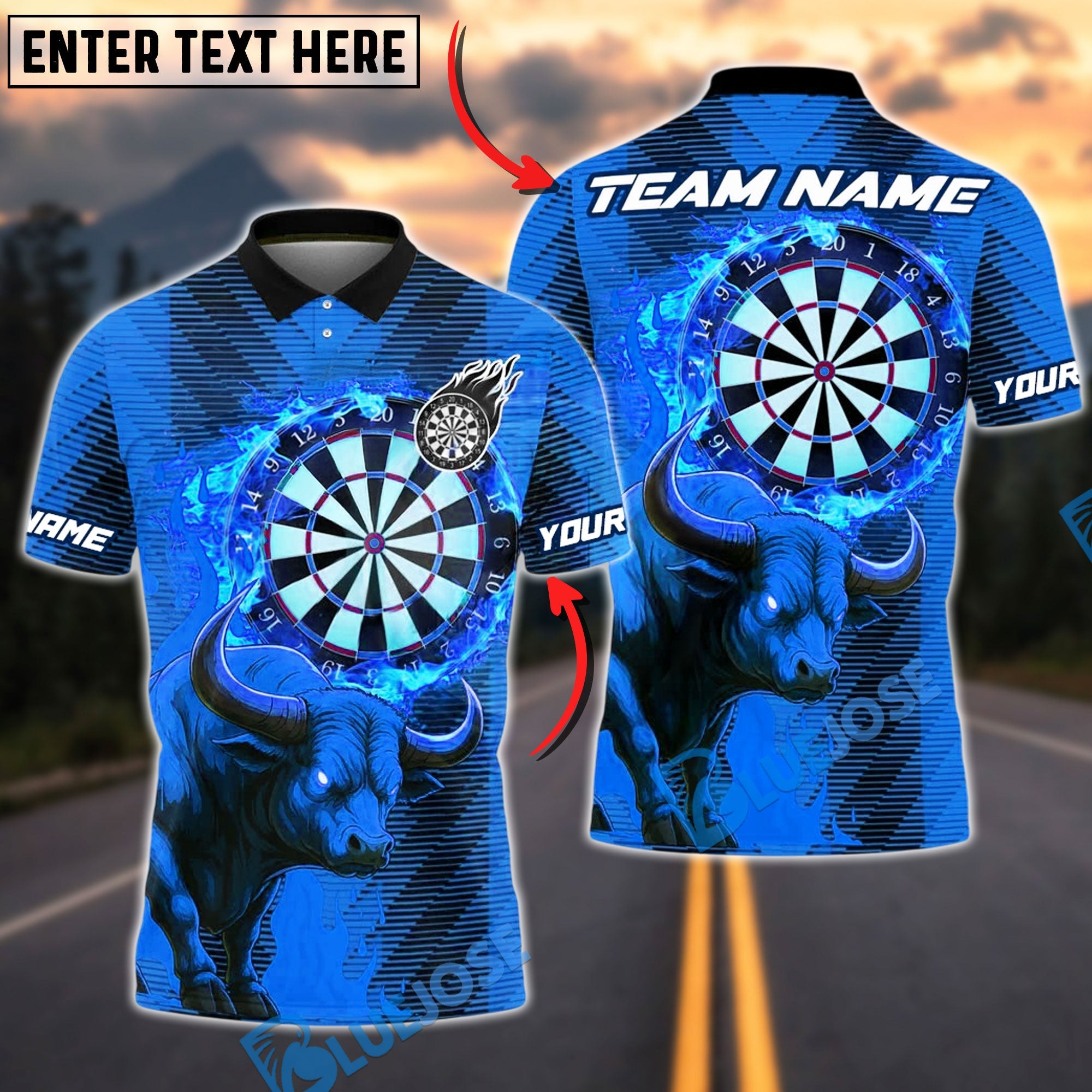 BlueJose Darts Inferno Bull Personalized Name, Team Name Unisex Shirt (4 Colors)