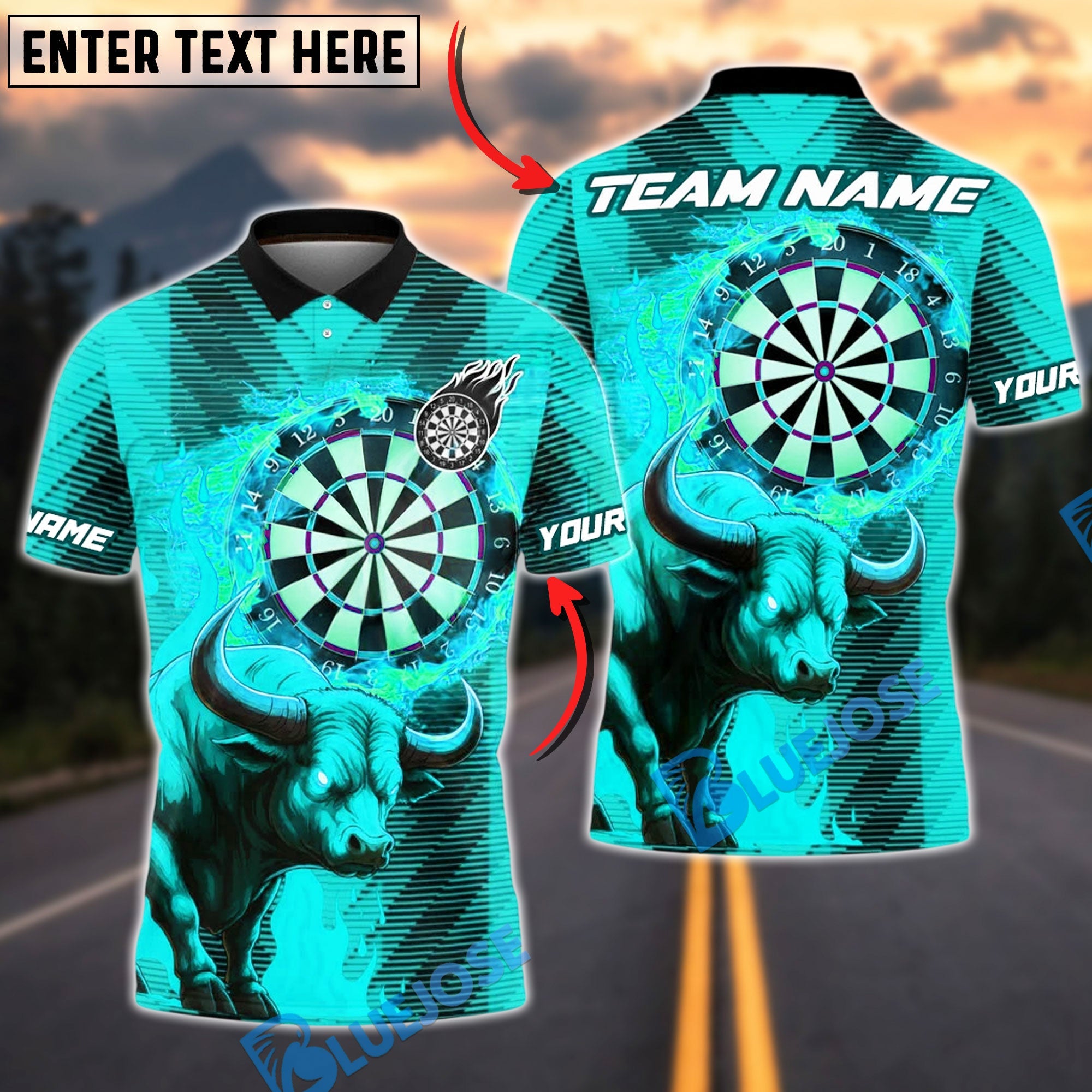 BlueJose Darts Inferno Bull Personalized Name, Team Name Unisex Shirt (4 Colors)