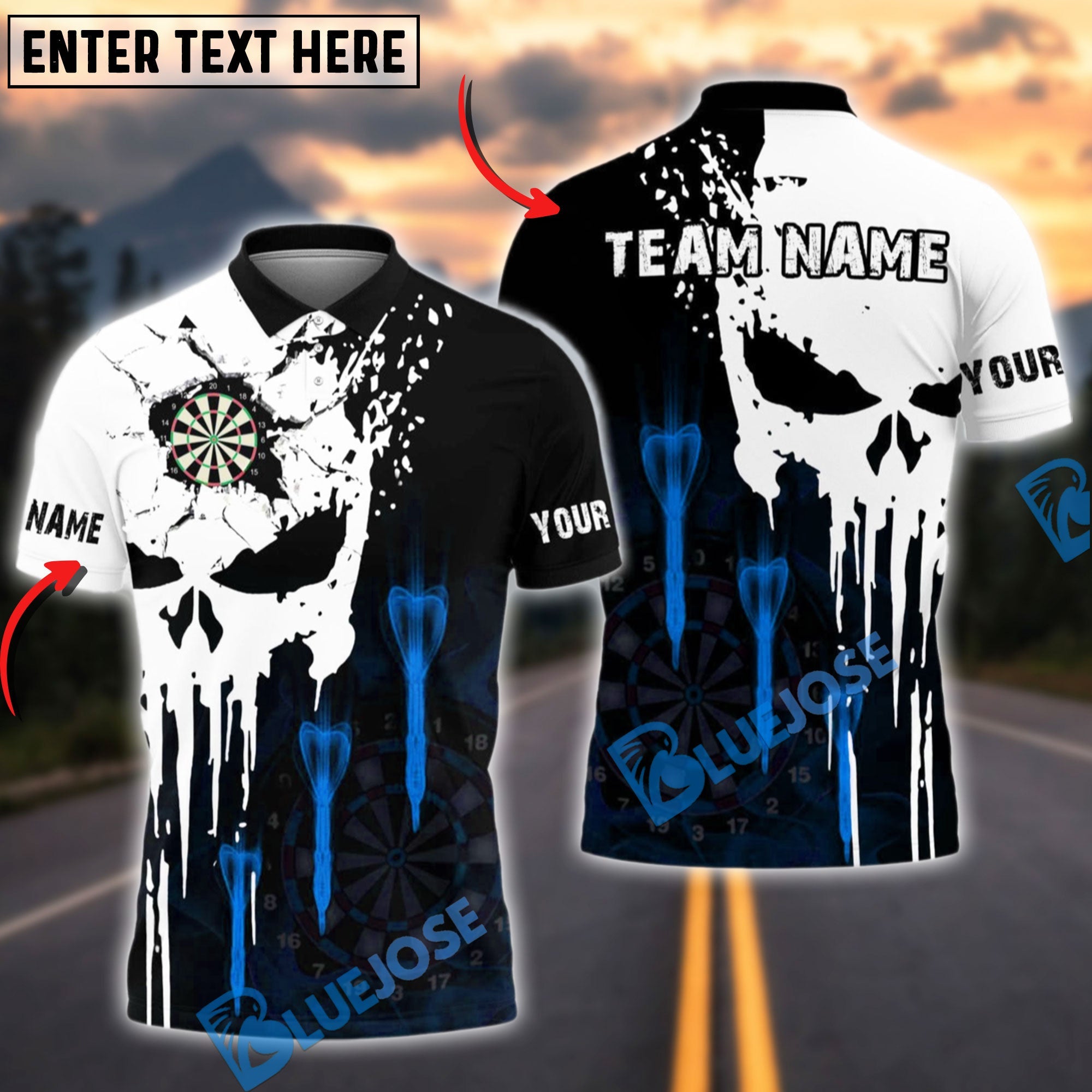 BlueJose Darts Punished Skull Arrow Personalized Name, Team Name Shirt (4 Colors)