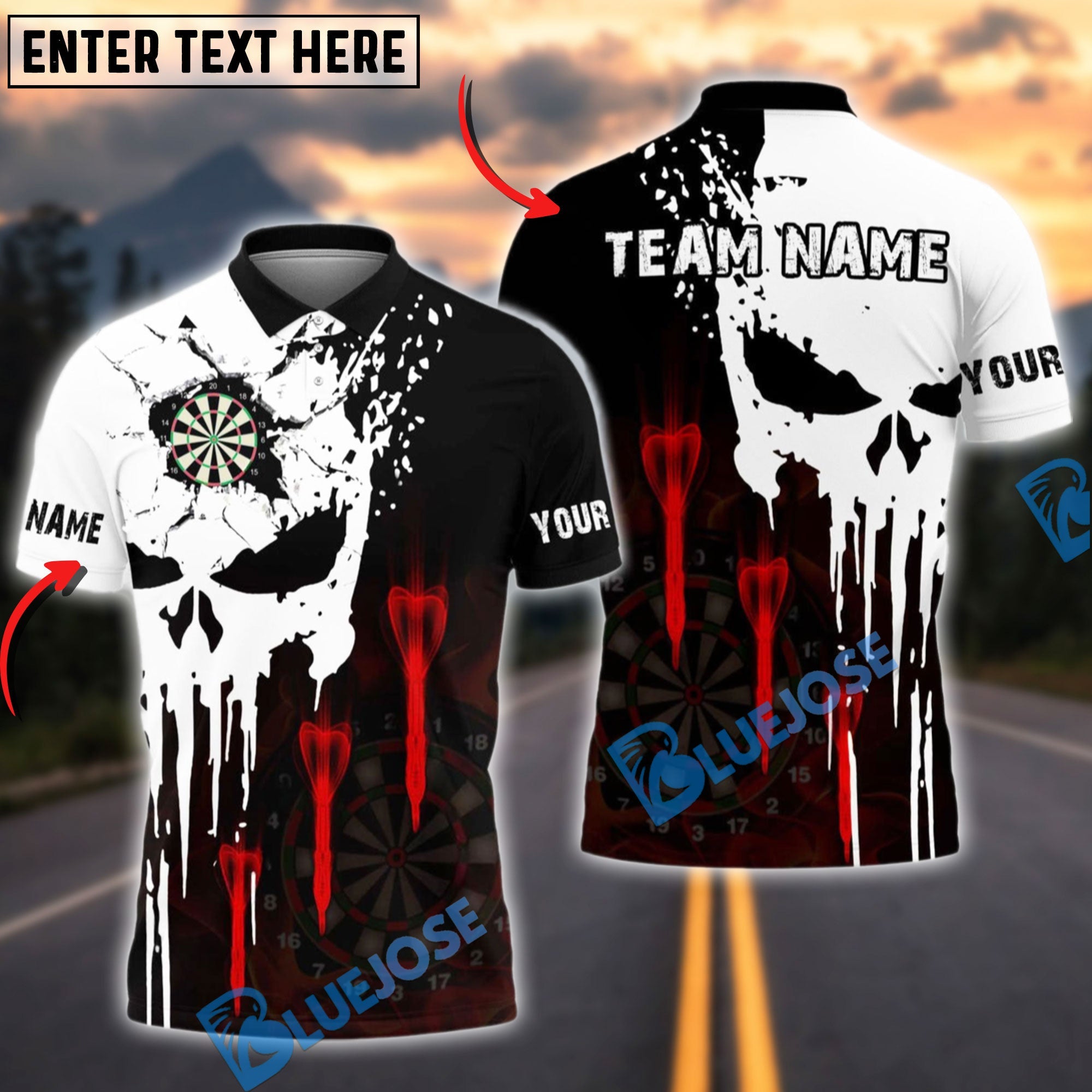 BlueJose Darts Punished Skull Arrow Personalized Name, Team Name Shirt (4 Colors)