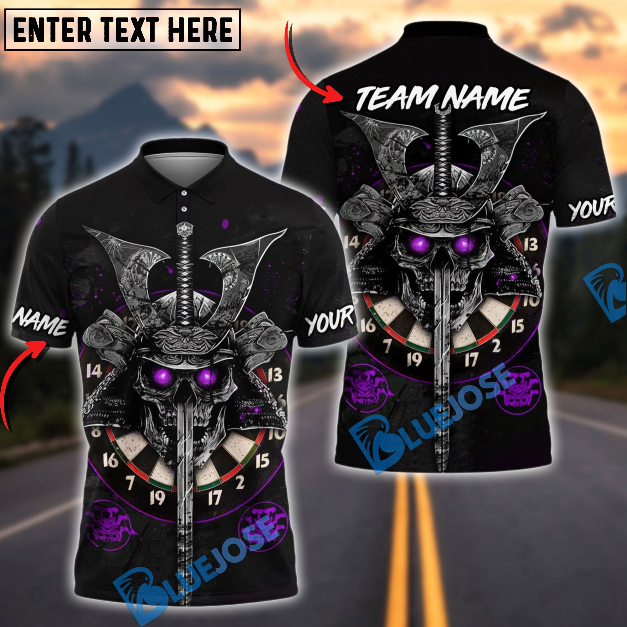 BlueJose Darts Skull Samurai Personalized Name, Team Name Shirt (4 Colors)
