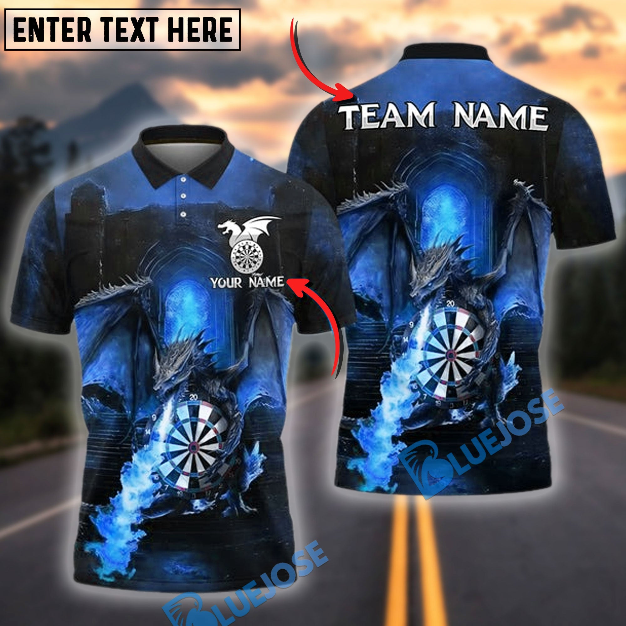 BlueJose Darts Fire Dragon Dartboard Personalized Name, Team Name Shirt (4 Colors)