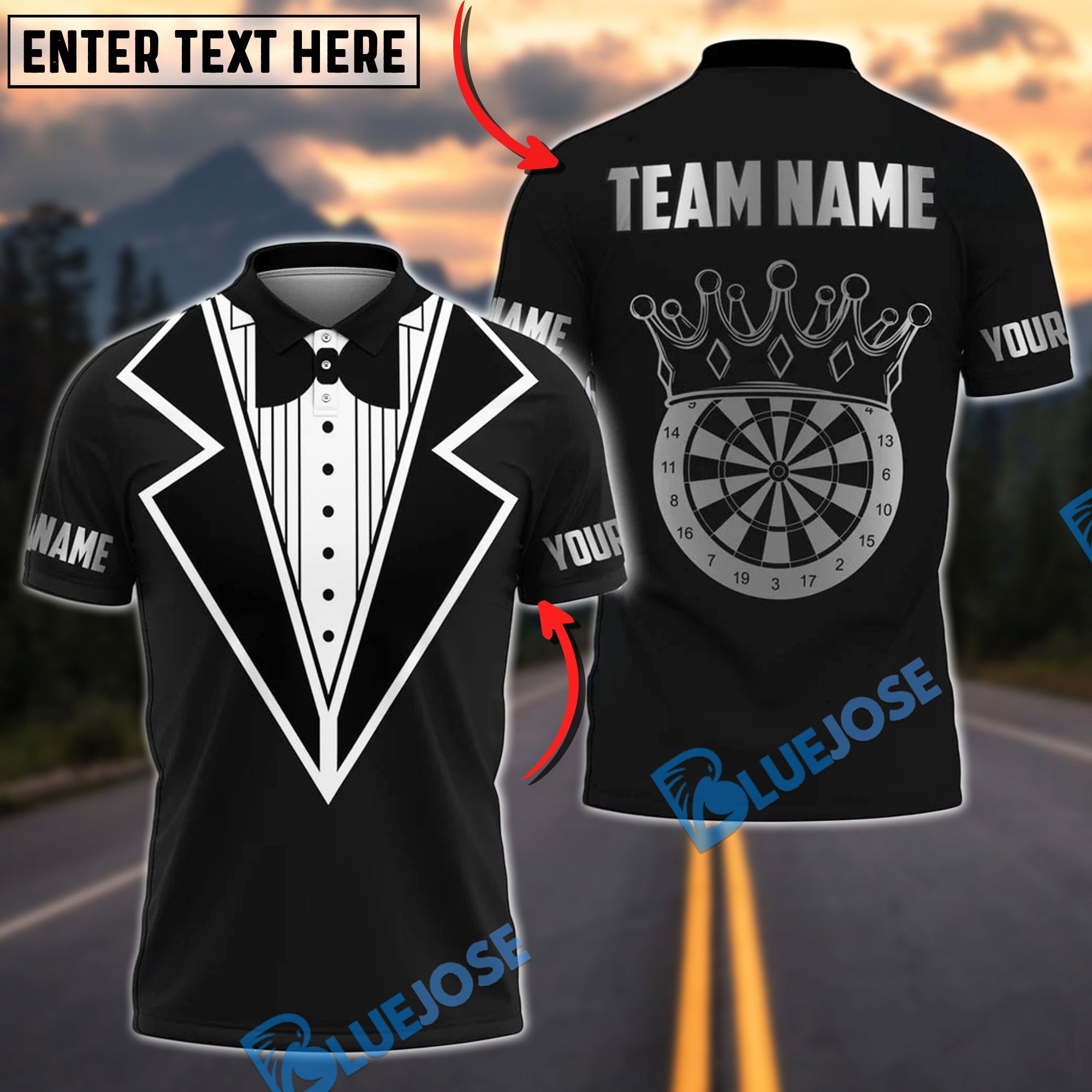 BlueJose Darts Tuxedo Crown Board Black Personalized Name Shirt