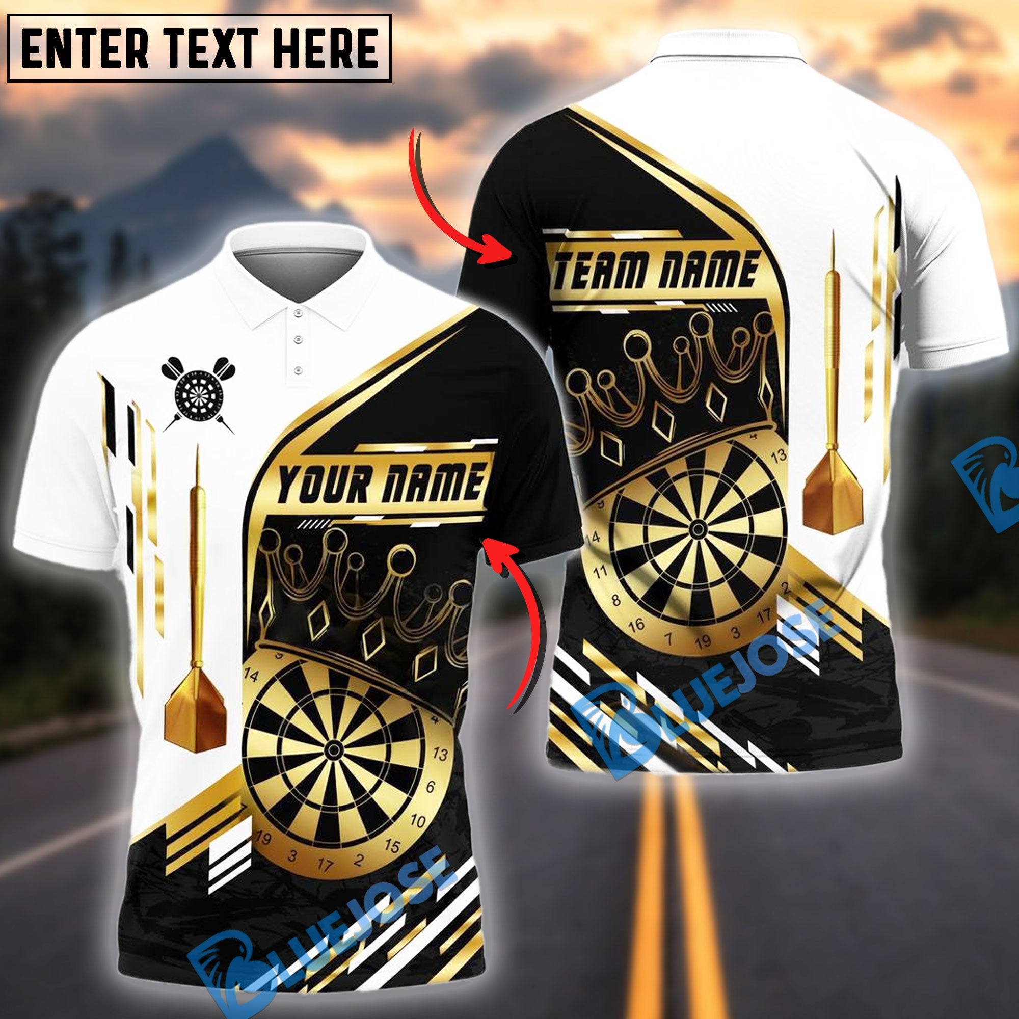 BlueJose Darts Champion Golden Personalized Name, Team Name Shirt (4 Colors)