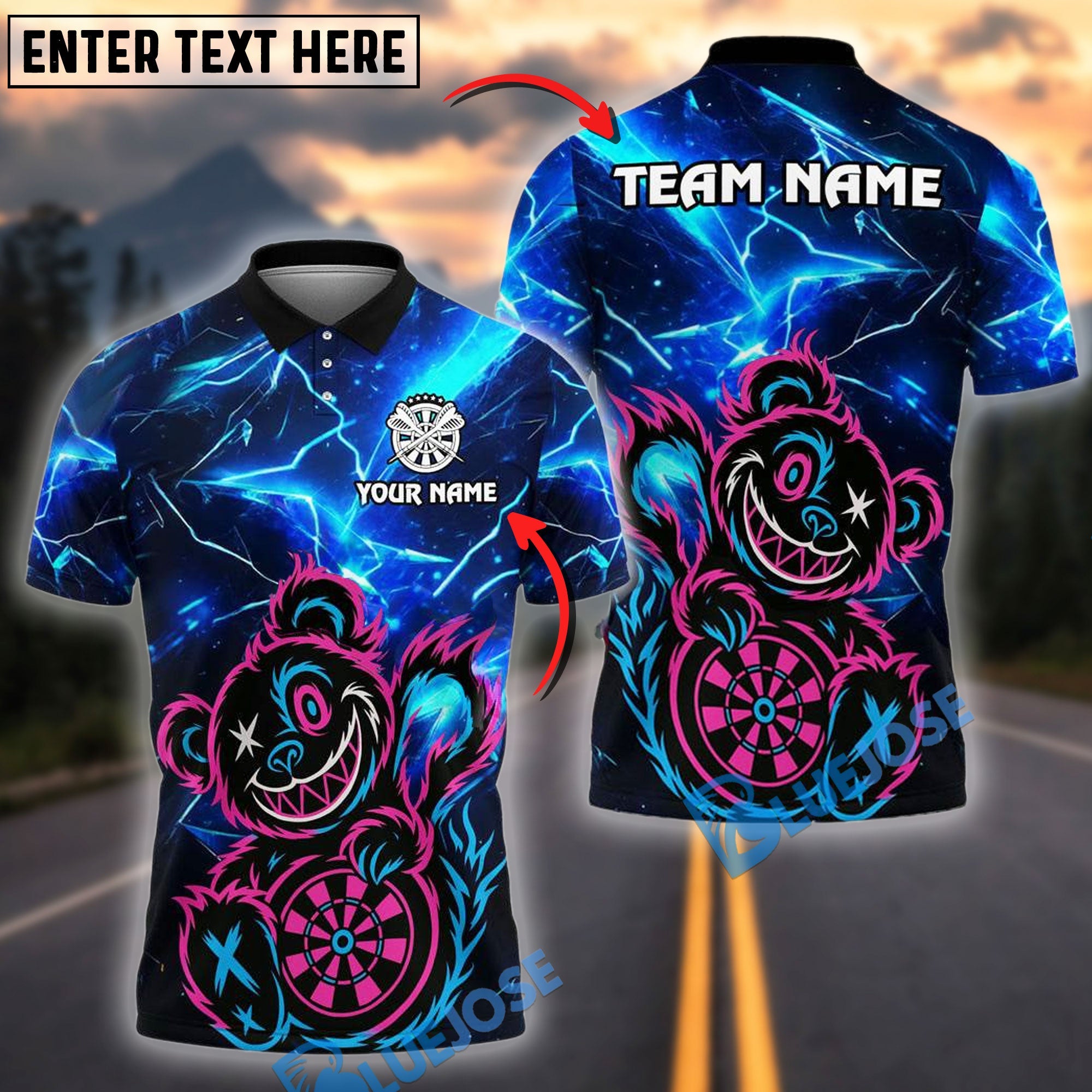 BlueJose Darts Wild Bear with Dartboard Multicolor Options Personalized Name Shirt (4 Colors)