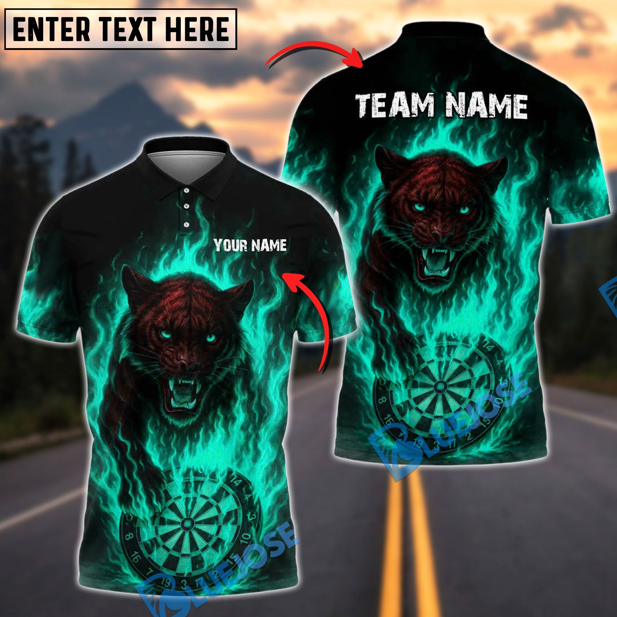 BlueJose Darts Flaming Panther Personalized Name, Team Name Shirt (4 Colors)