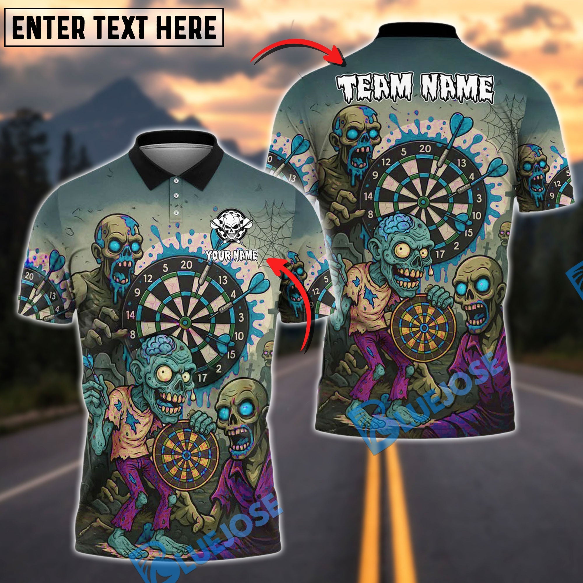 BlueJose Darts Zombie Attack Personalized Name, Team Name Shirt (4 Colors)