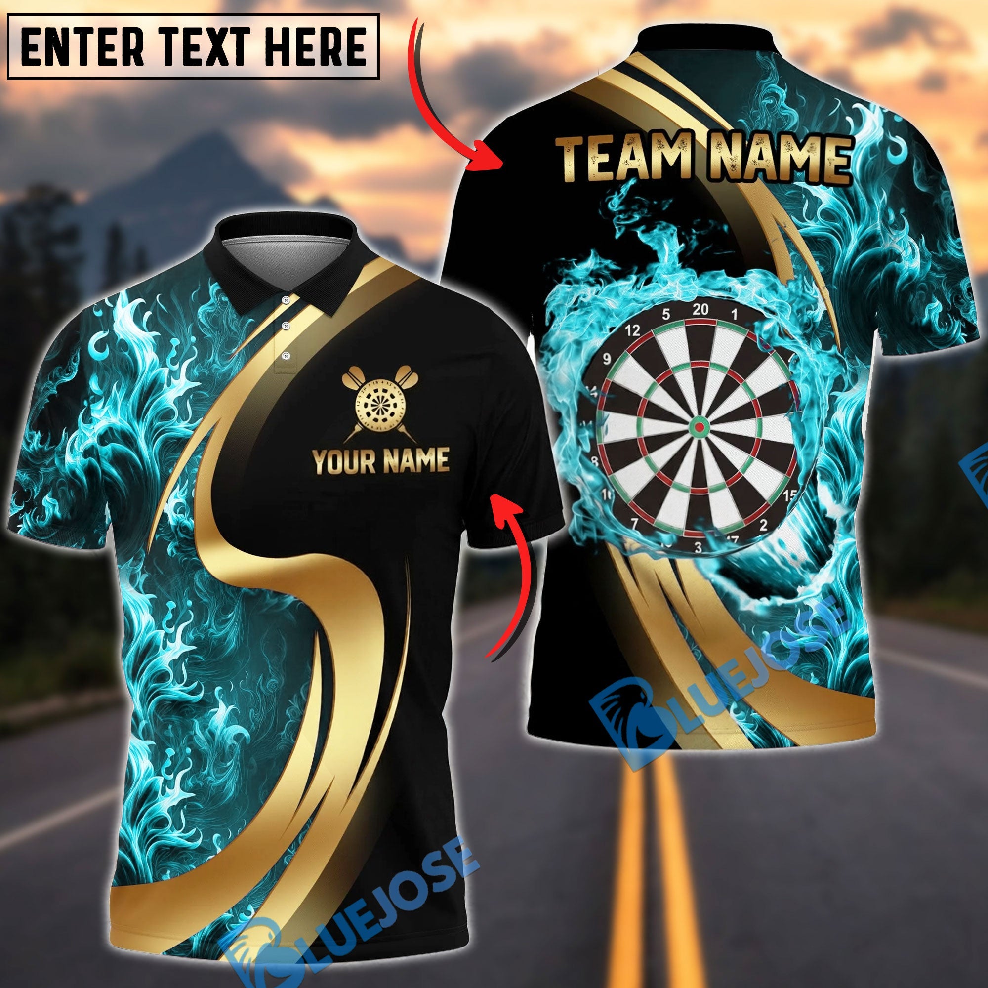 BlueJose Darts Flaming Dartboard Black And Gold Personalized Name, Team Name Unisex Shirt (4 Colors)
