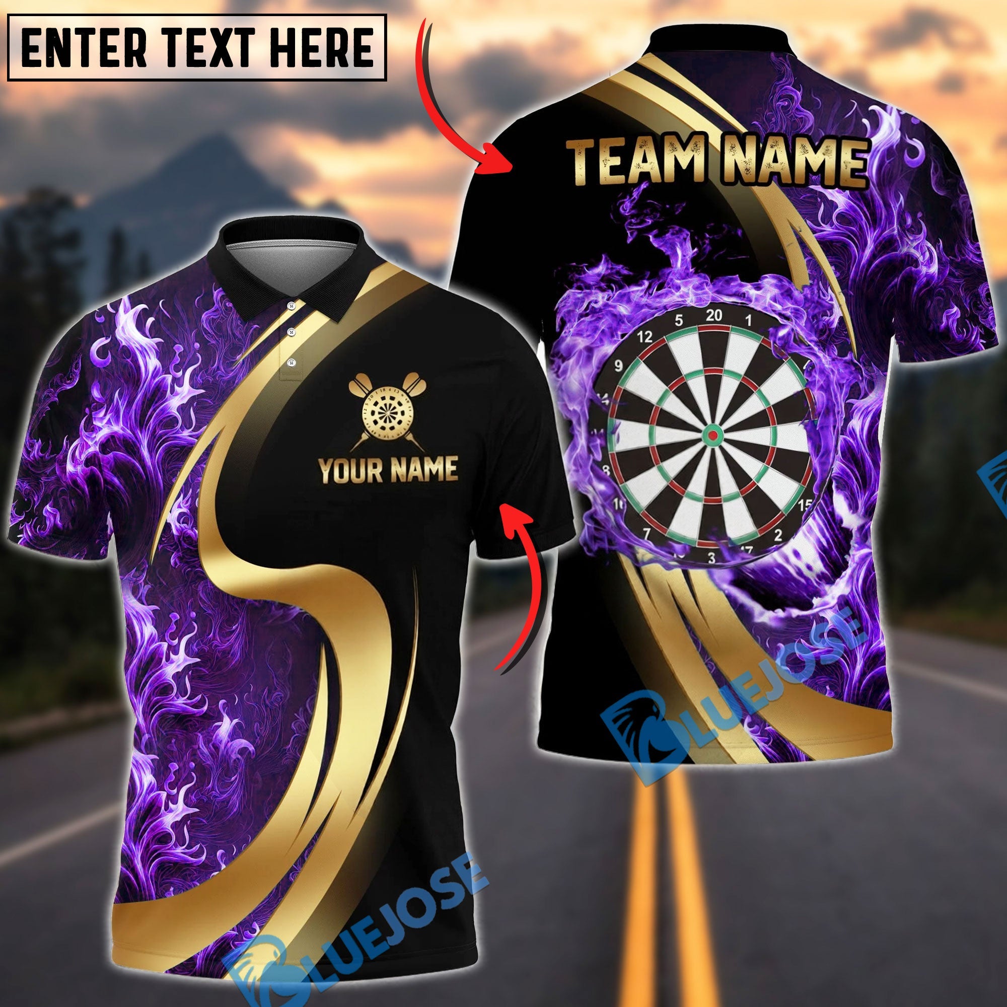 BlueJose Darts Flaming Dartboard Black And Gold Personalized Name, Team Name Unisex Shirt (4 Colors)