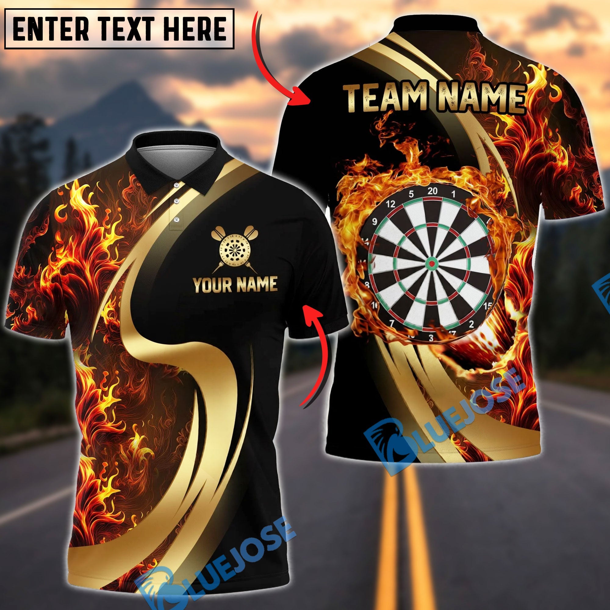 BlueJose Darts Flaming Dartboard Black And Gold Personalized Name, Team Name Unisex Shirt (4 Colors)