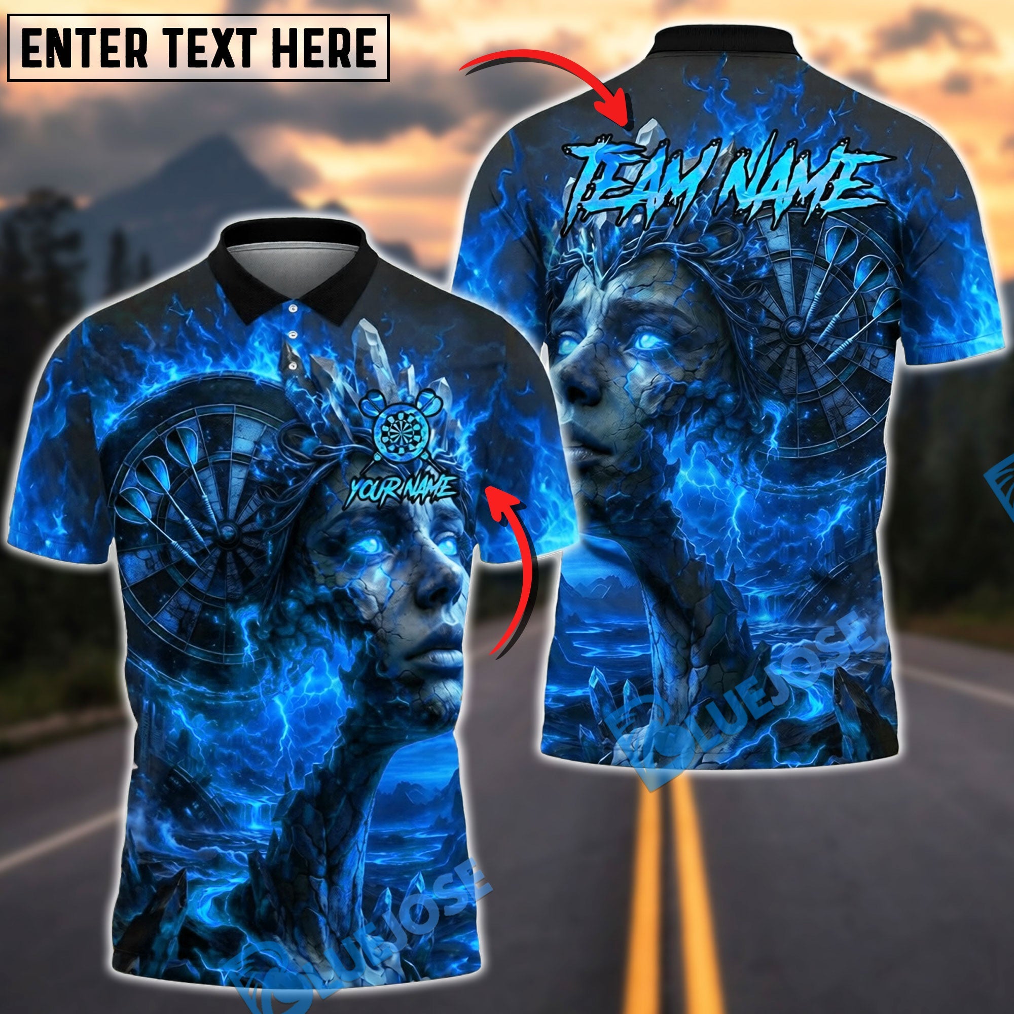 BlueJose Darts Volcanic Lava Queen Goddess Personalized Name, Team Name Unisex Shirt (4 Colors)