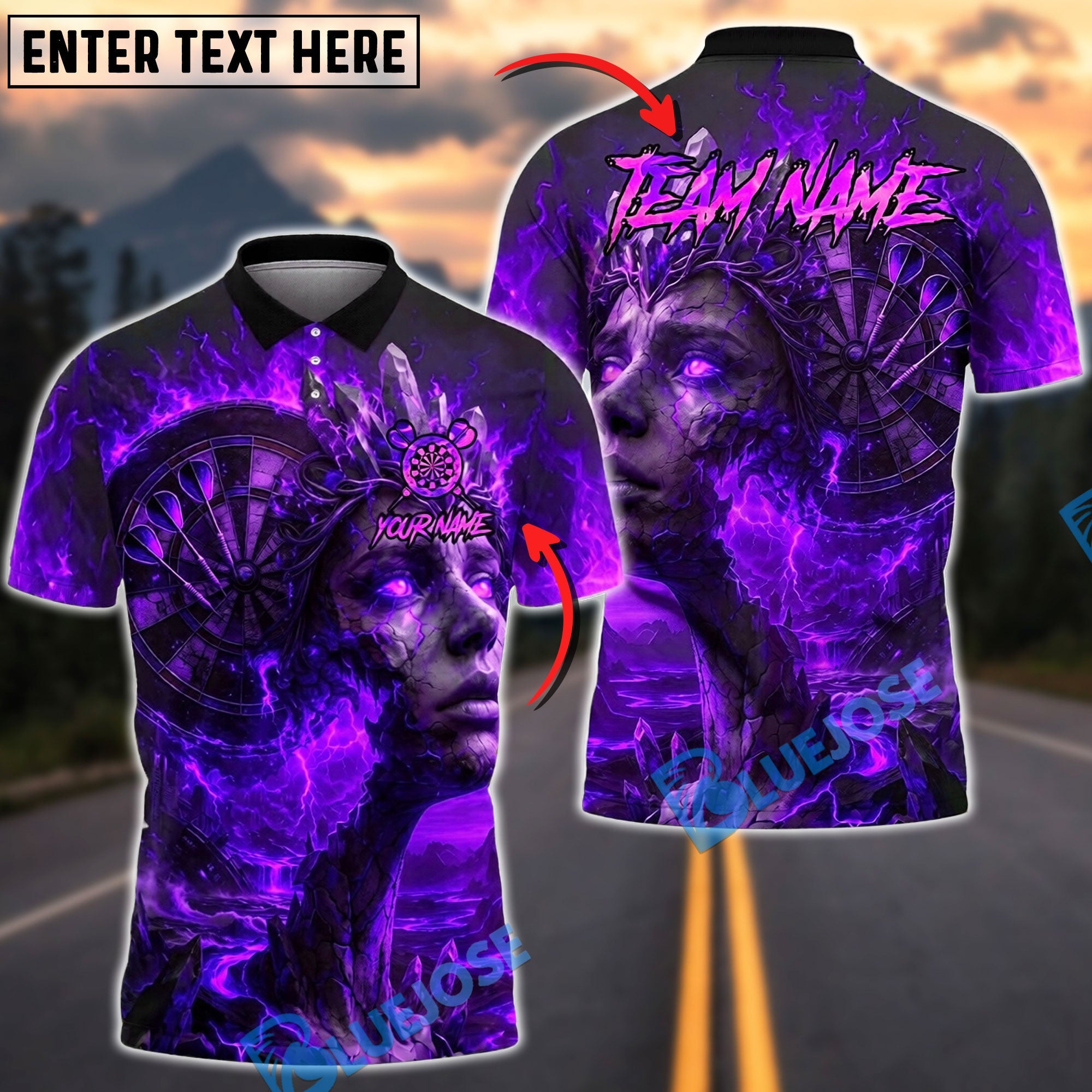 BlueJose Darts Volcanic Lava Queen Goddess Personalized Name, Team Name Unisex Shirt (4 Colors)