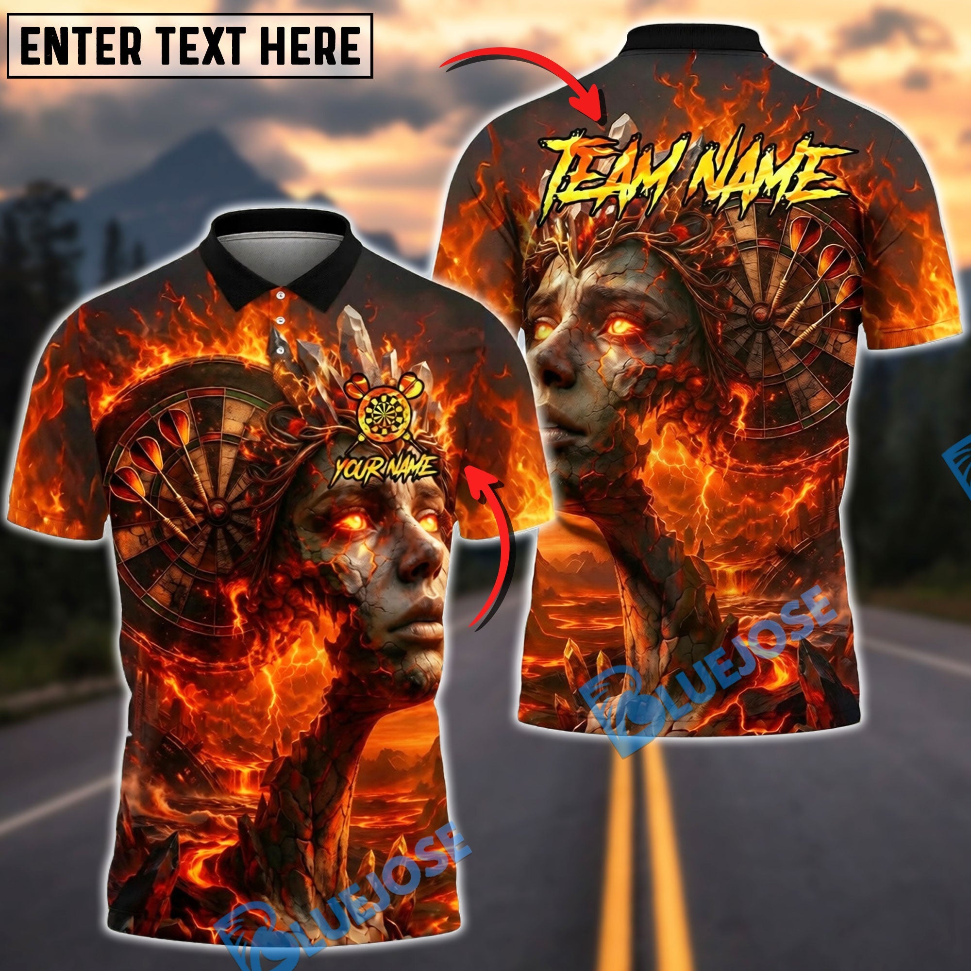 BlueJose Darts Volcanic Lava Queen Goddess Personalized Name, Team Name Unisex Shirt (4 Colors)