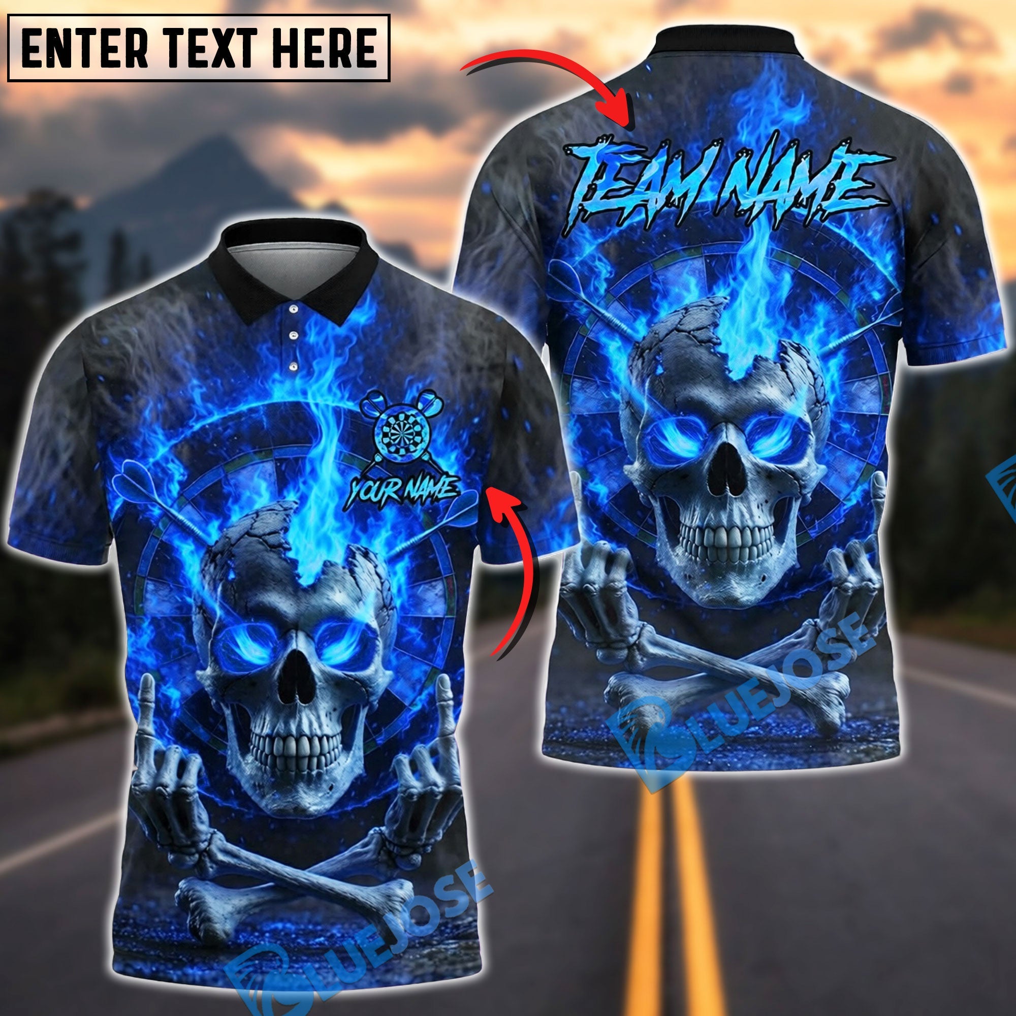 BlueJose Darts Flaming Hell Skull Skeleton Middle Finger Personalized Name, Team Name Unisex Shirt (4 Colors)