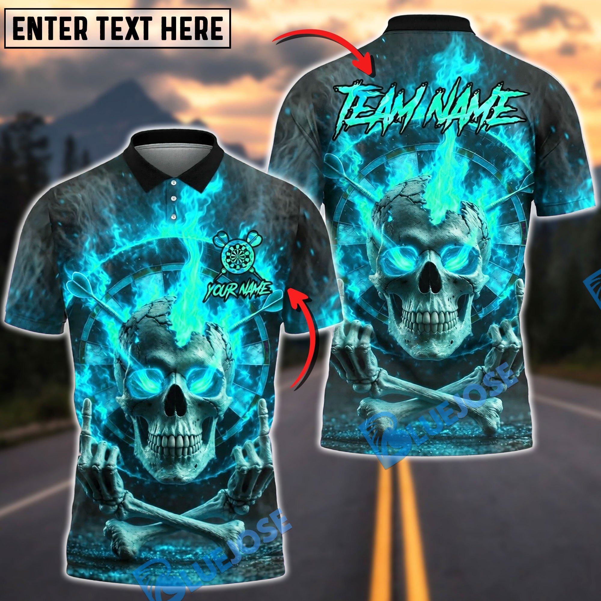 BlueJose Darts Flaming Hell Skull Skeleton Middle Finger Personalized Name, Team Name Unisex Shirt (4 Colors)