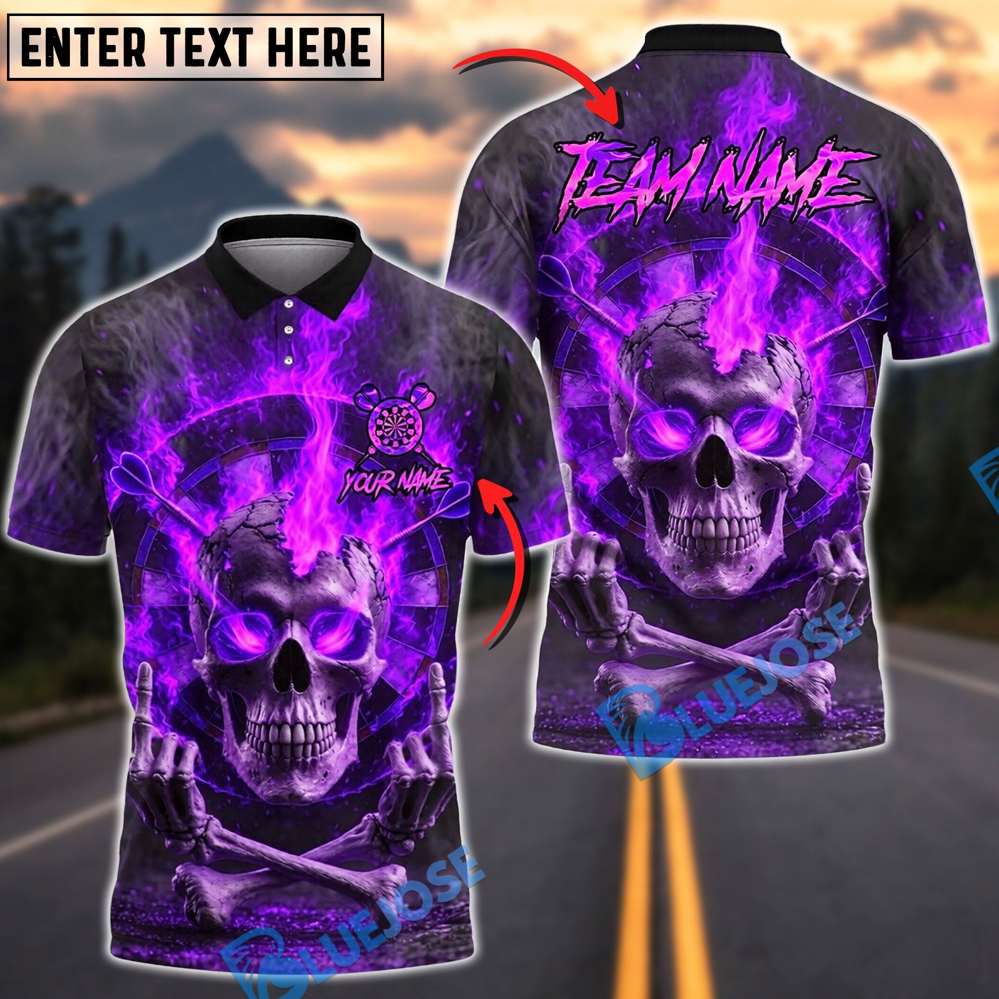 BlueJose Darts Flaming Hell Skull Skeleton Middle Finger Personalized Name, Team Name Unisex Shirt (4 Colors)