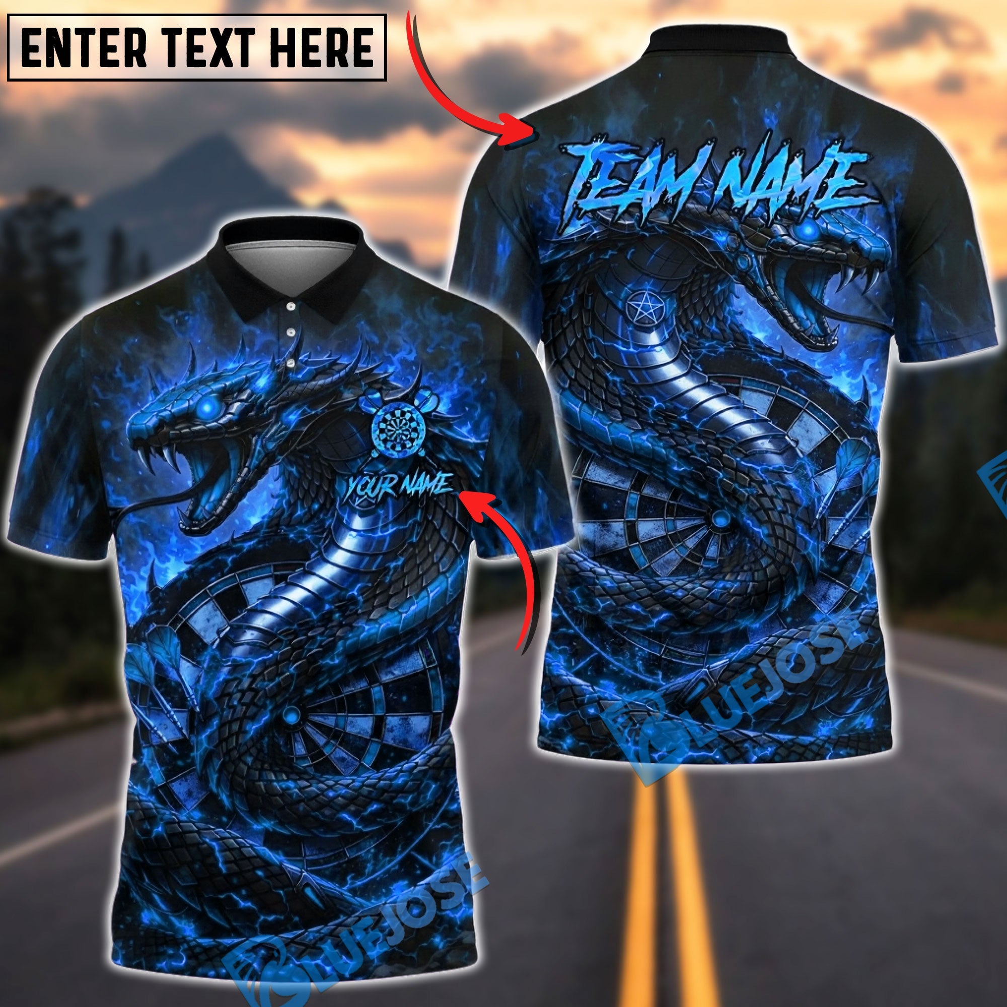 BlueJose Darts Hellfire Snake Cobra Personalized Name, Team Name Unisex Shirt (4 Colors)