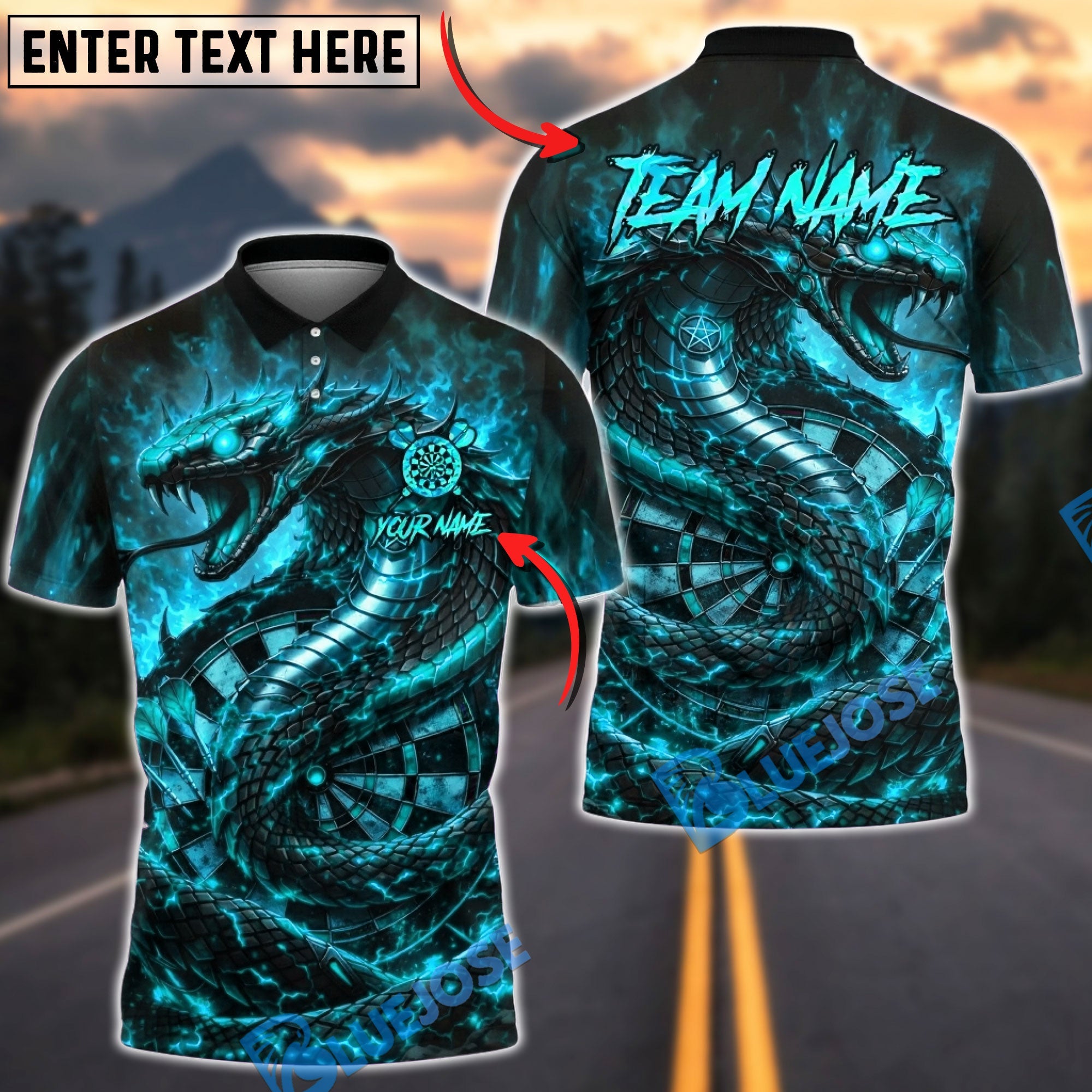BlueJose Darts Hellfire Snake Cobra Personalized Name, Team Name Unisex Shirt (4 Colors)