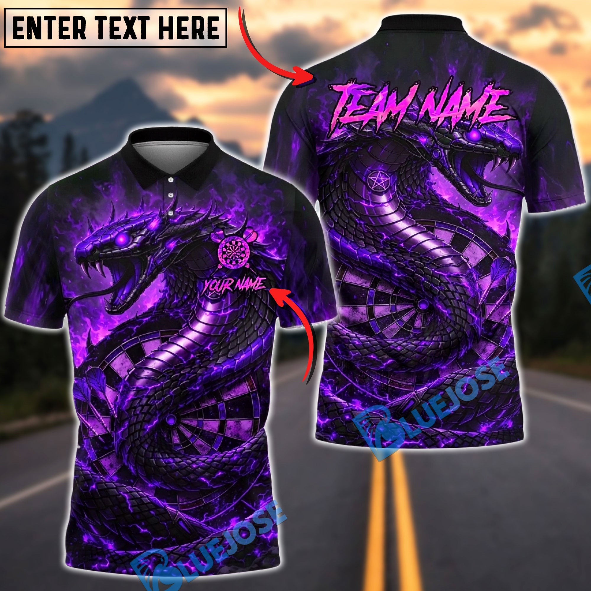 BlueJose Darts Hellfire Snake Cobra Personalized Name, Team Name Unisex Shirt (4 Colors)