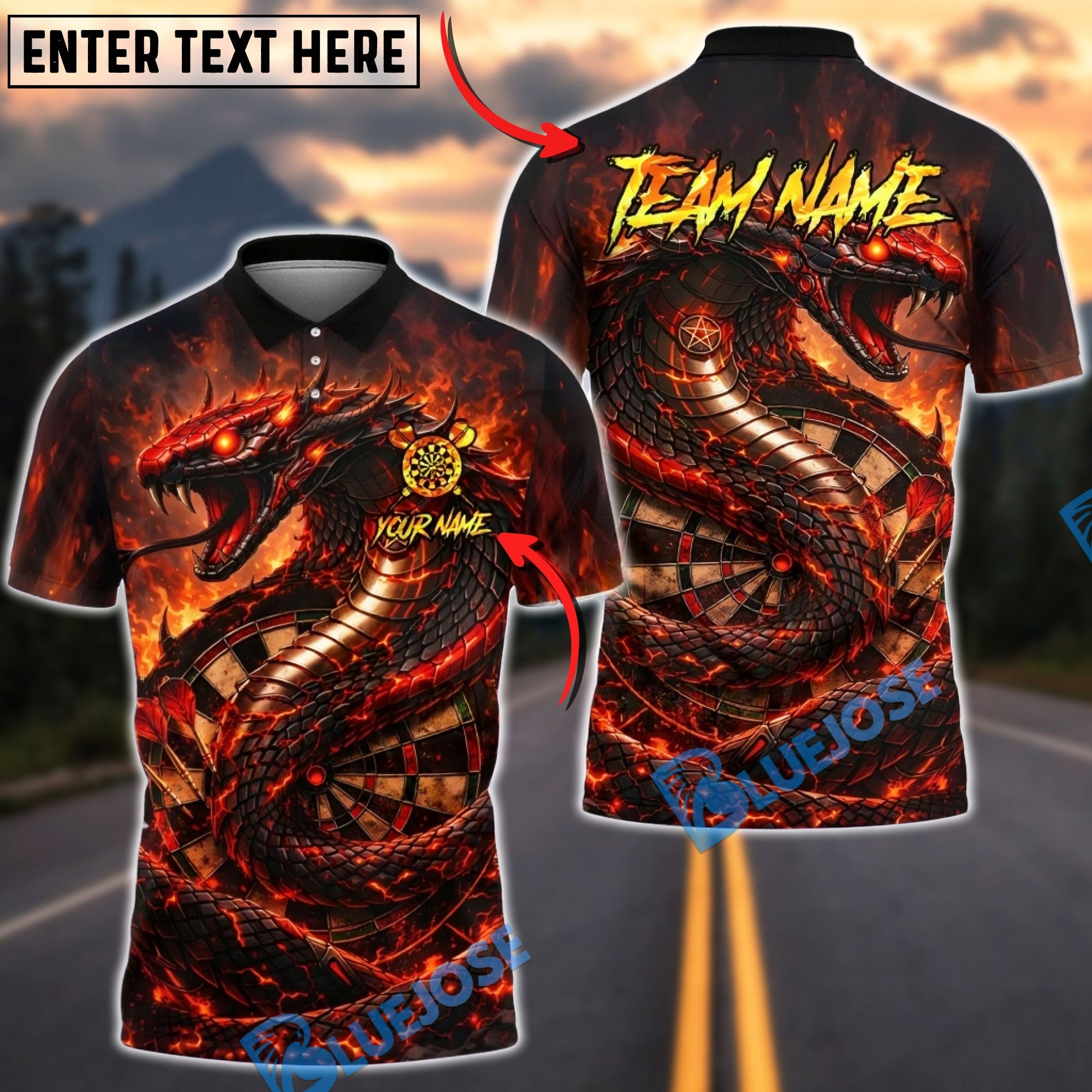 BlueJose Darts Hellfire Snake Cobra Personalized Name, Team Name Unisex Shirt (4 Colors)