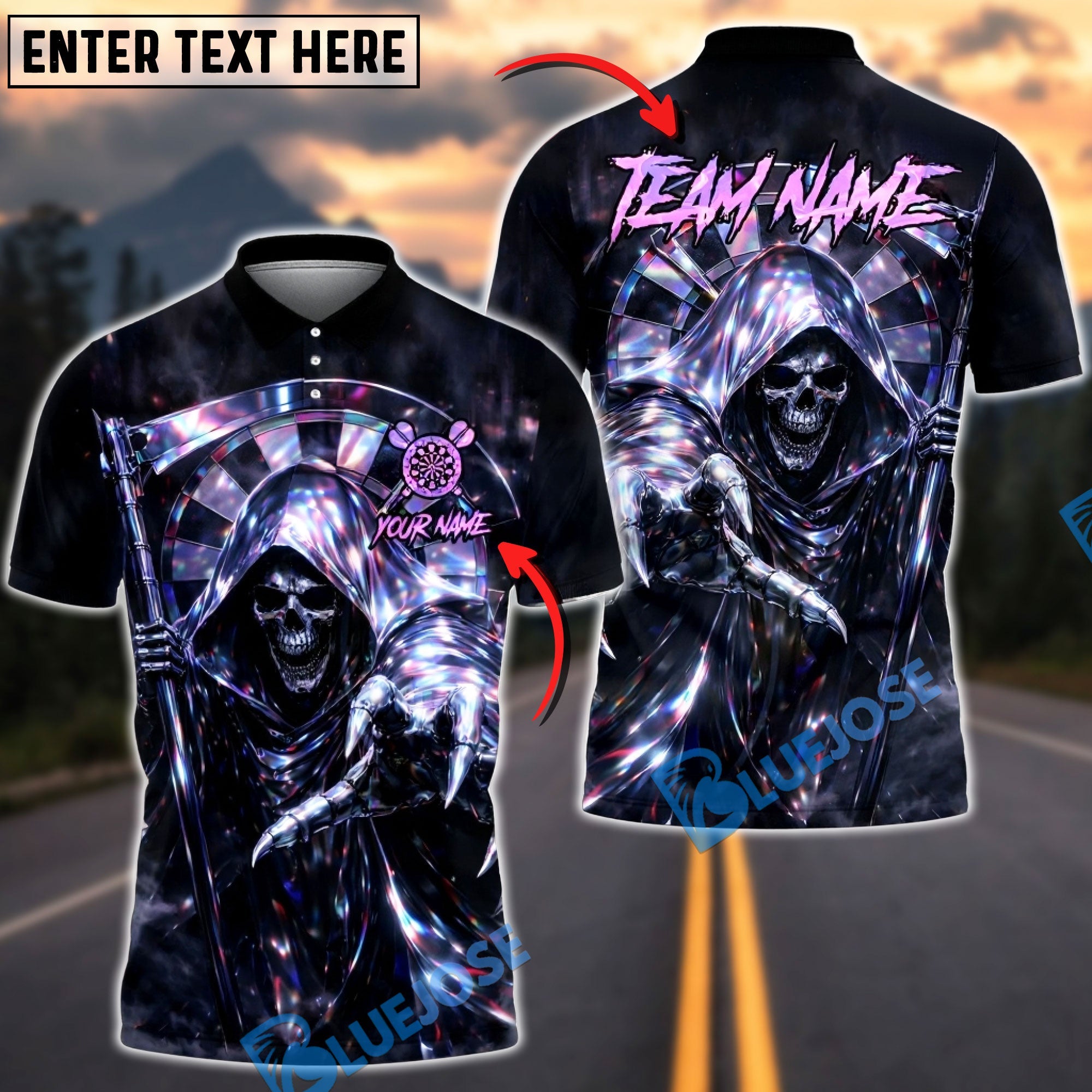 BlueJose Darts Grim Reaper Metallic Scythe Personalized Name Shirt