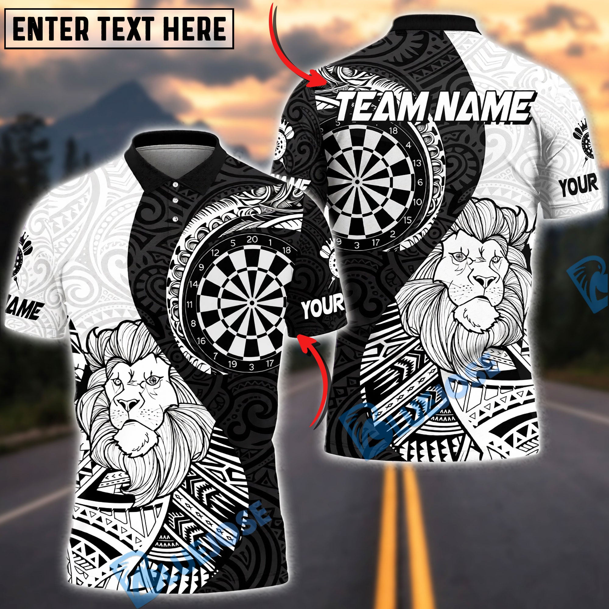 BlueJose Darts Lion King Tribal Personalized Name, Team Name Unisex Shirt (4 Colors)