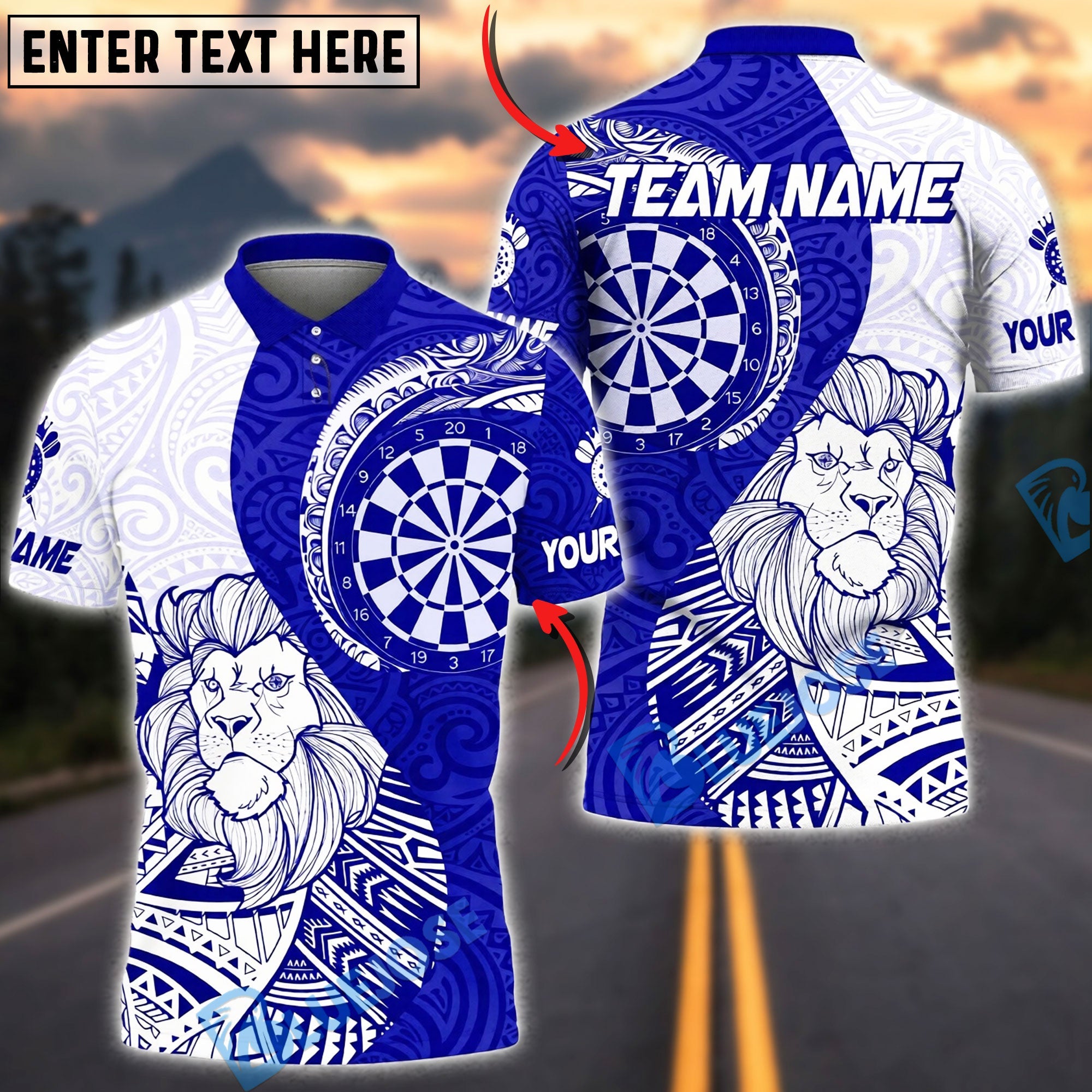 BlueJose Darts Lion King Tribal Personalized Name, Team Name Unisex Shirt (4 Colors)