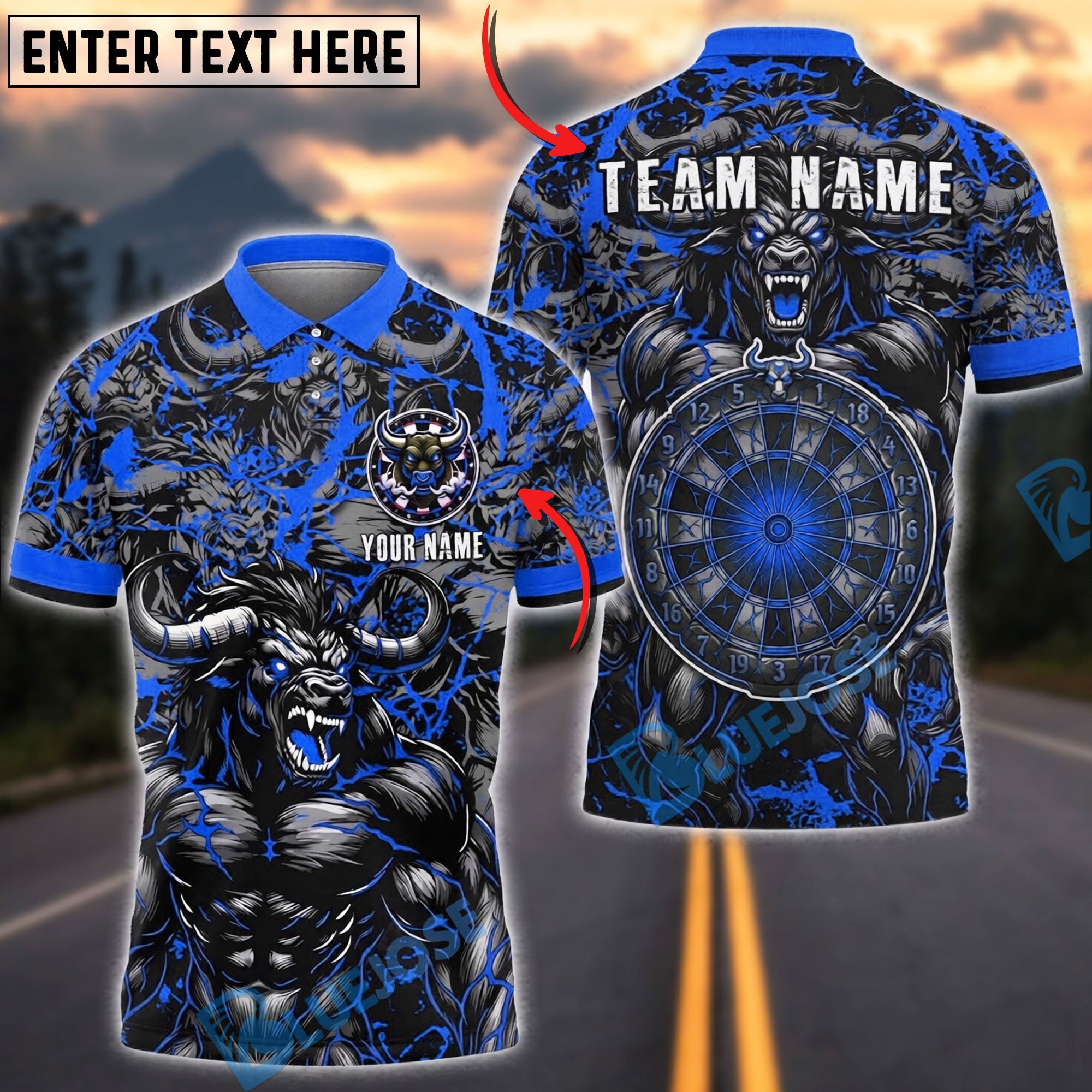 BlueJose Darts Minotaur Thunder Personalized Name, Team Name Unisex Shirt (4 Colors)