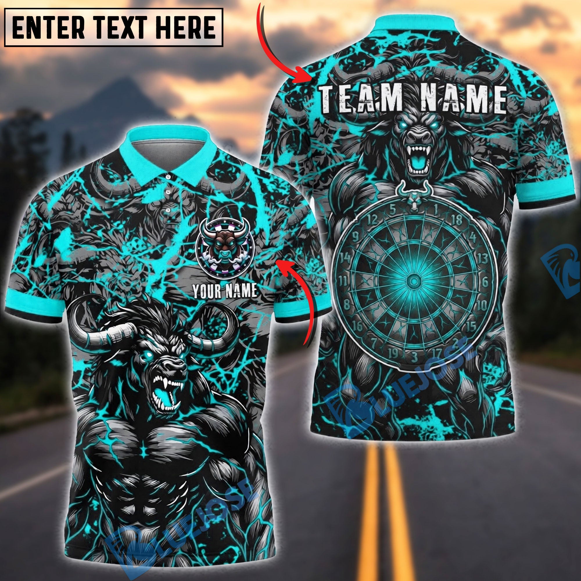 BlueJose Darts Minotaur Thunder Personalized Name, Team Name Unisex Shirt (4 Colors)