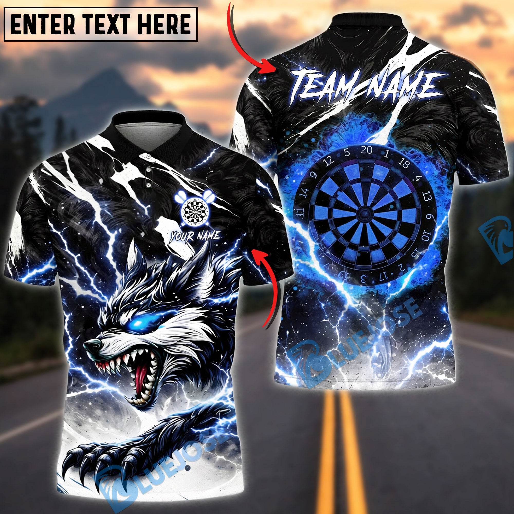 BlueJose Darts Neon Thunder Wolf Strike Design Personalized Name, Team Name Unisex Shirt (4 Colors)