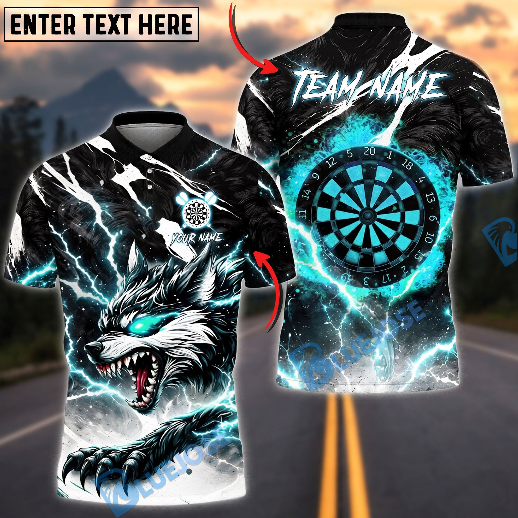 BlueJose Darts Neon Thunder Wolf Strike Design Personalized Name, Team Name Unisex Shirt (4 Colors)