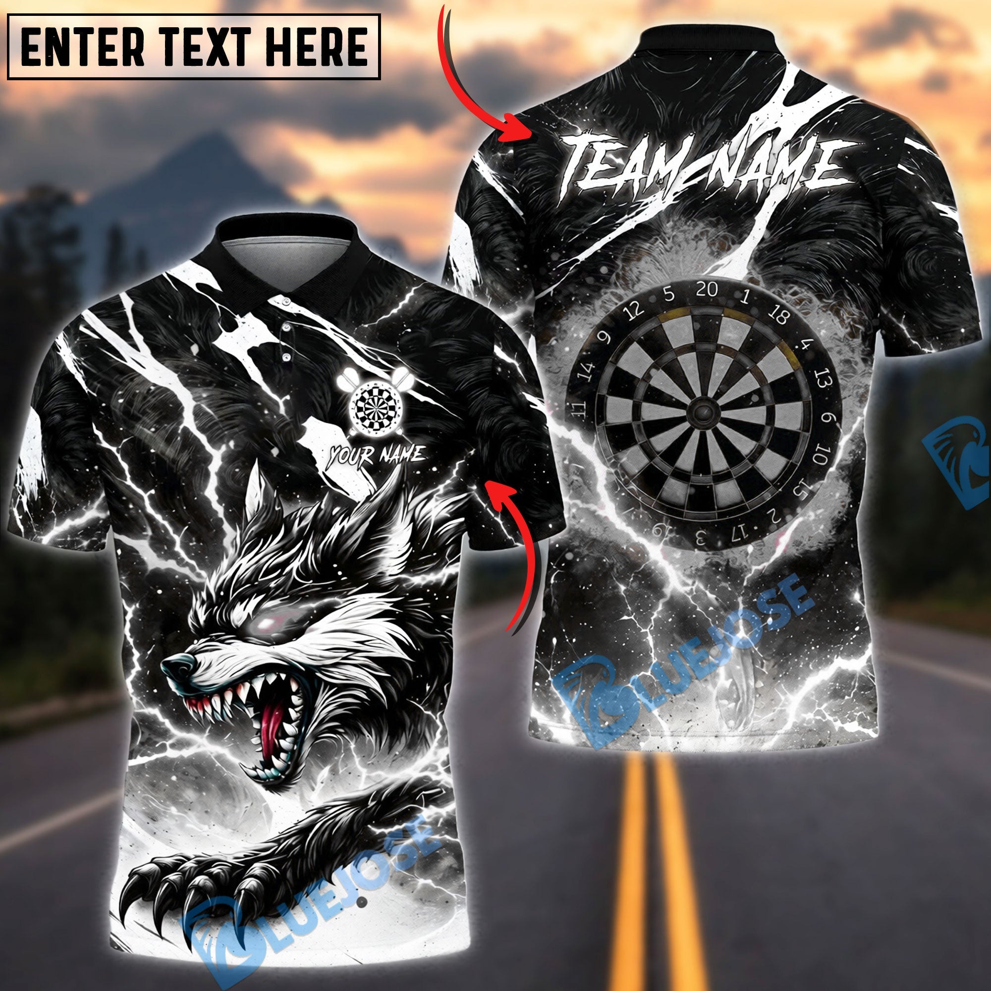 BlueJose Darts Neon Thunder Wolf Strike Design Personalized Name, Team Name Unisex Shirt (4 Colors)
