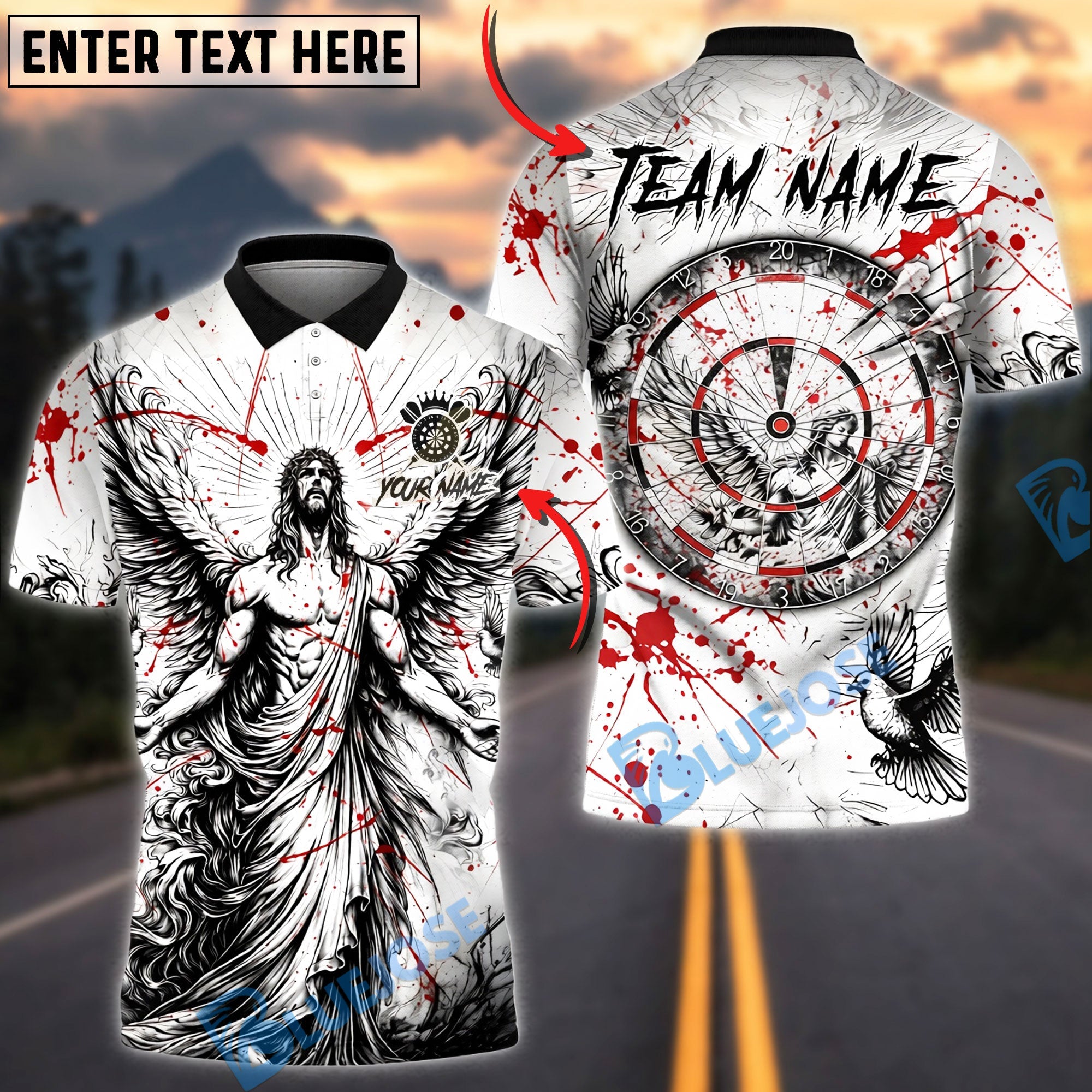BlueJose Darts Angel God Cross Splash Personalized Name, Team Name Unisex Shirt (4 Colors)