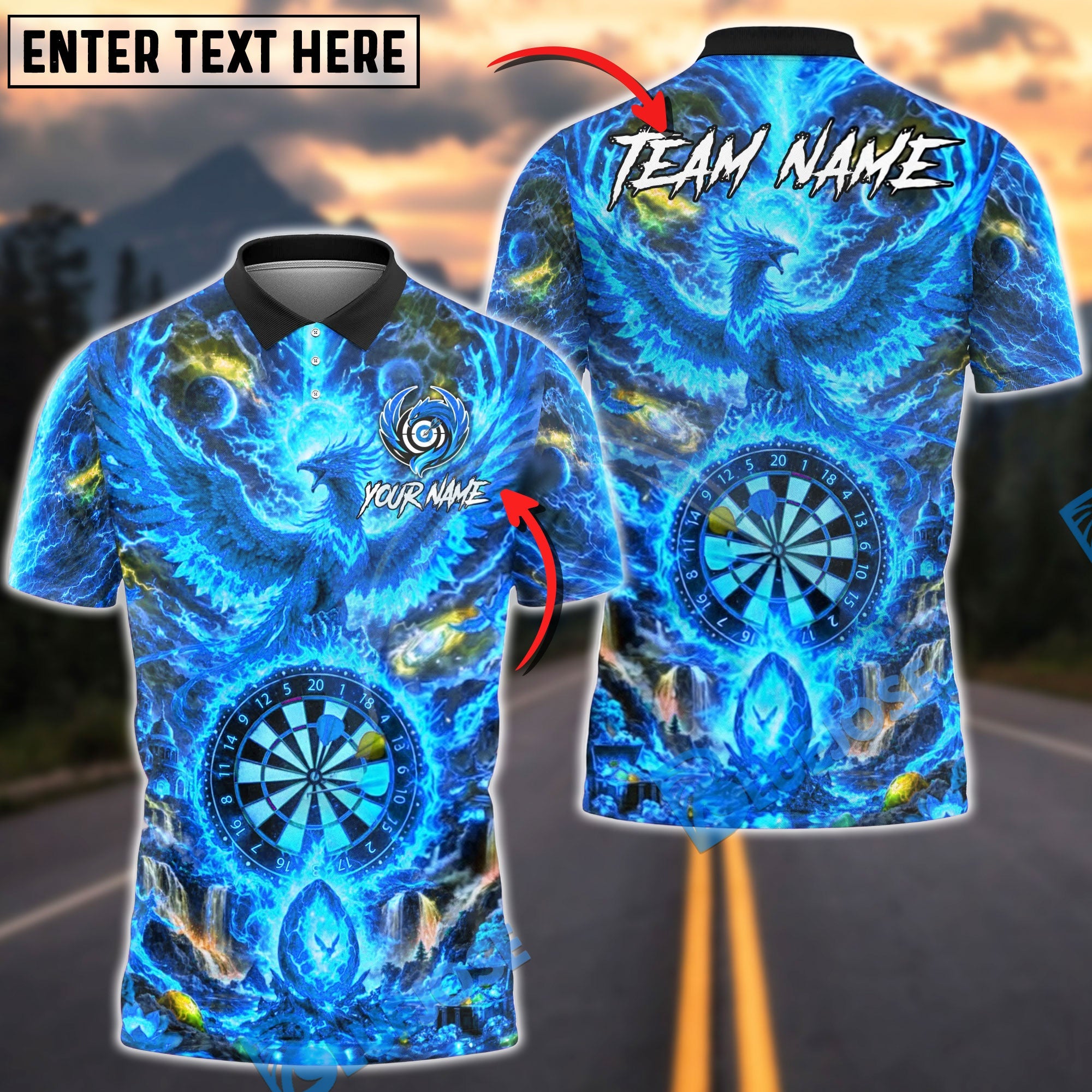 BlueJose Darts Fire Phoenix Volcanic Personalized Name, Team Name Unisex Shirt (4 Colors)