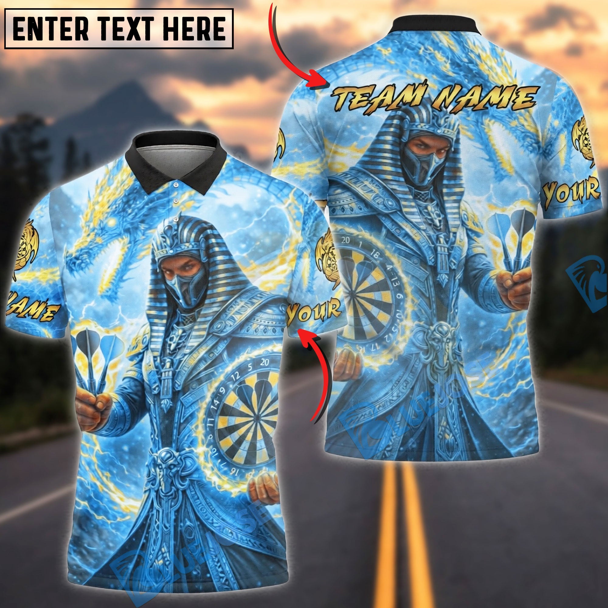 BlueJose Darts Egyptian Warrior Fire Dragon Personalized Name, Team Name Unisex Shirt (4 Colors)