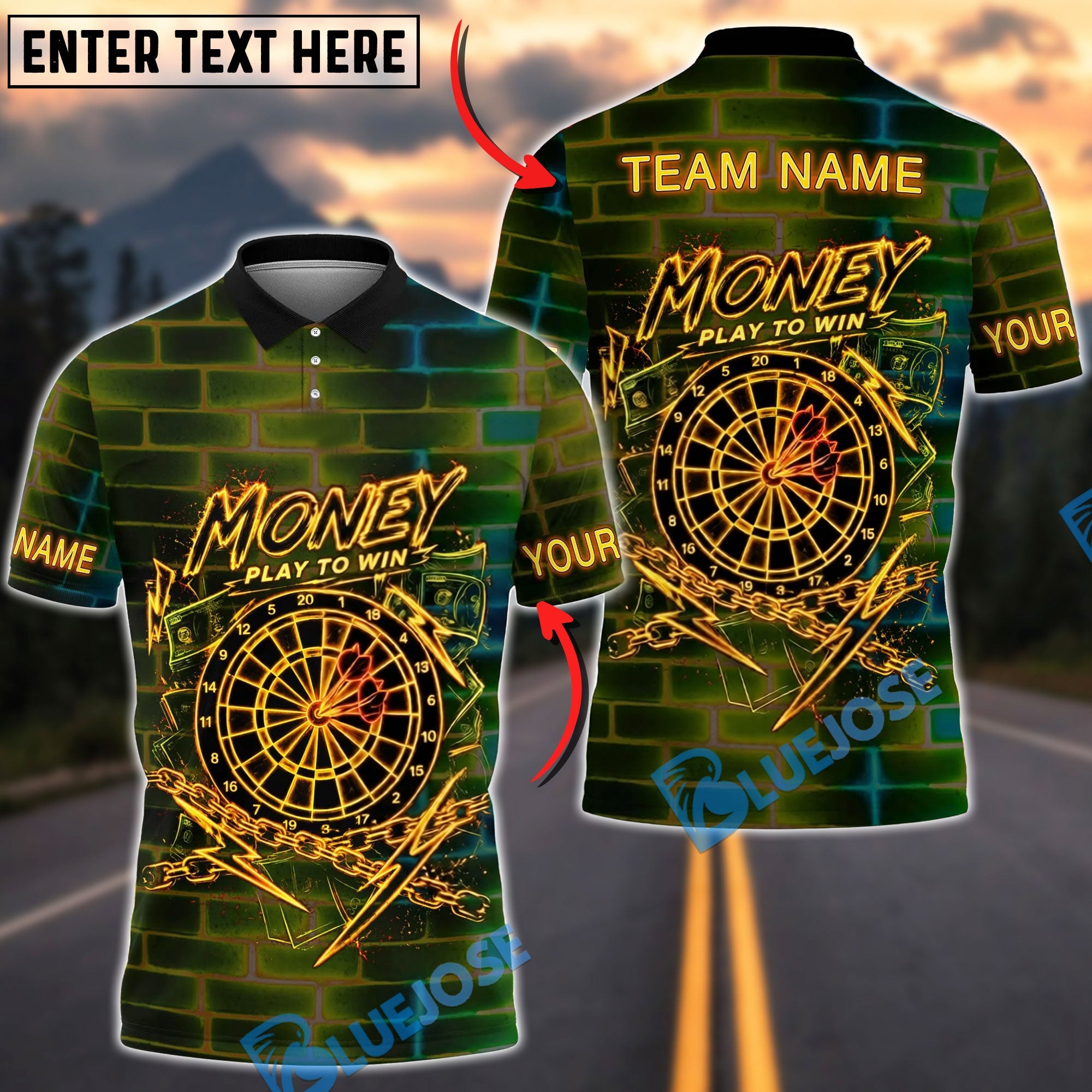 BlueJose Darts Money Play To Win Neon Dartboard Design Personalized Name Shirt