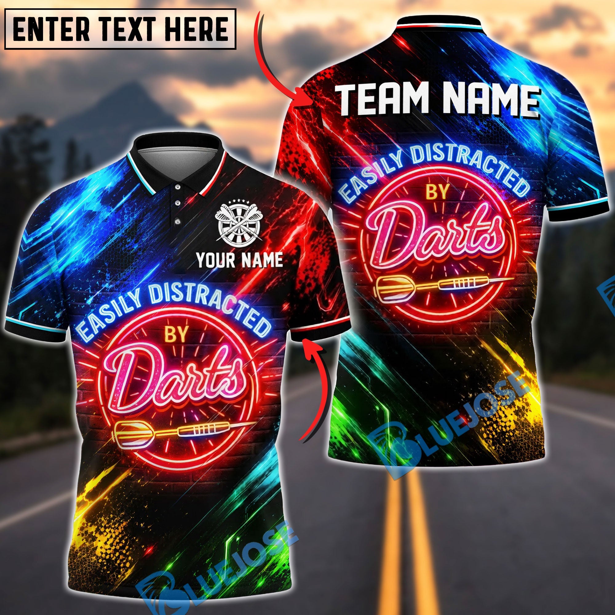 BlueJose Darts Easily Distracted By Darts Neon Sign Design Personalized Name Shirt