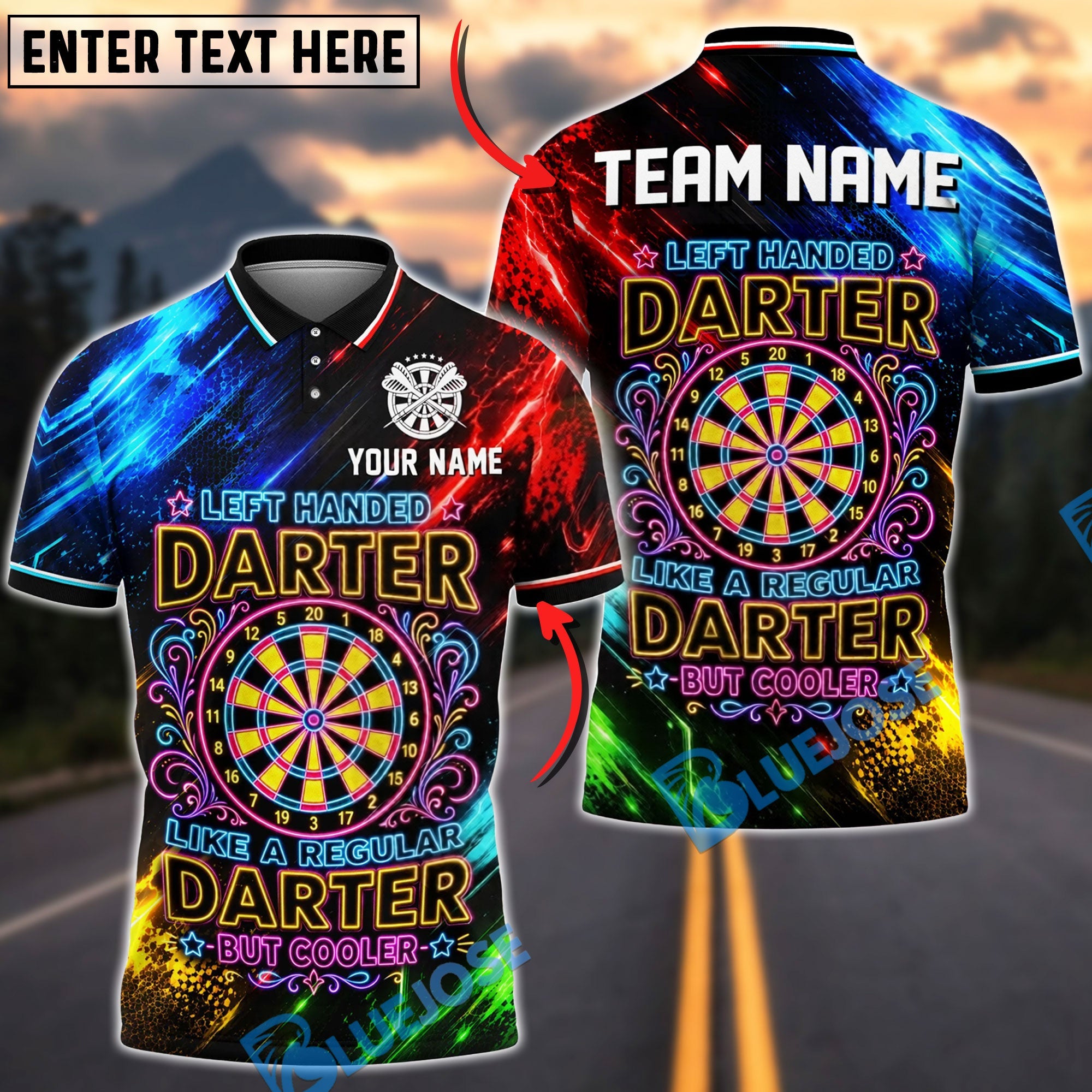 BlueJose Darts Left Handed Darter Colorful Neon Dartboard Design Personalized Name Shirt